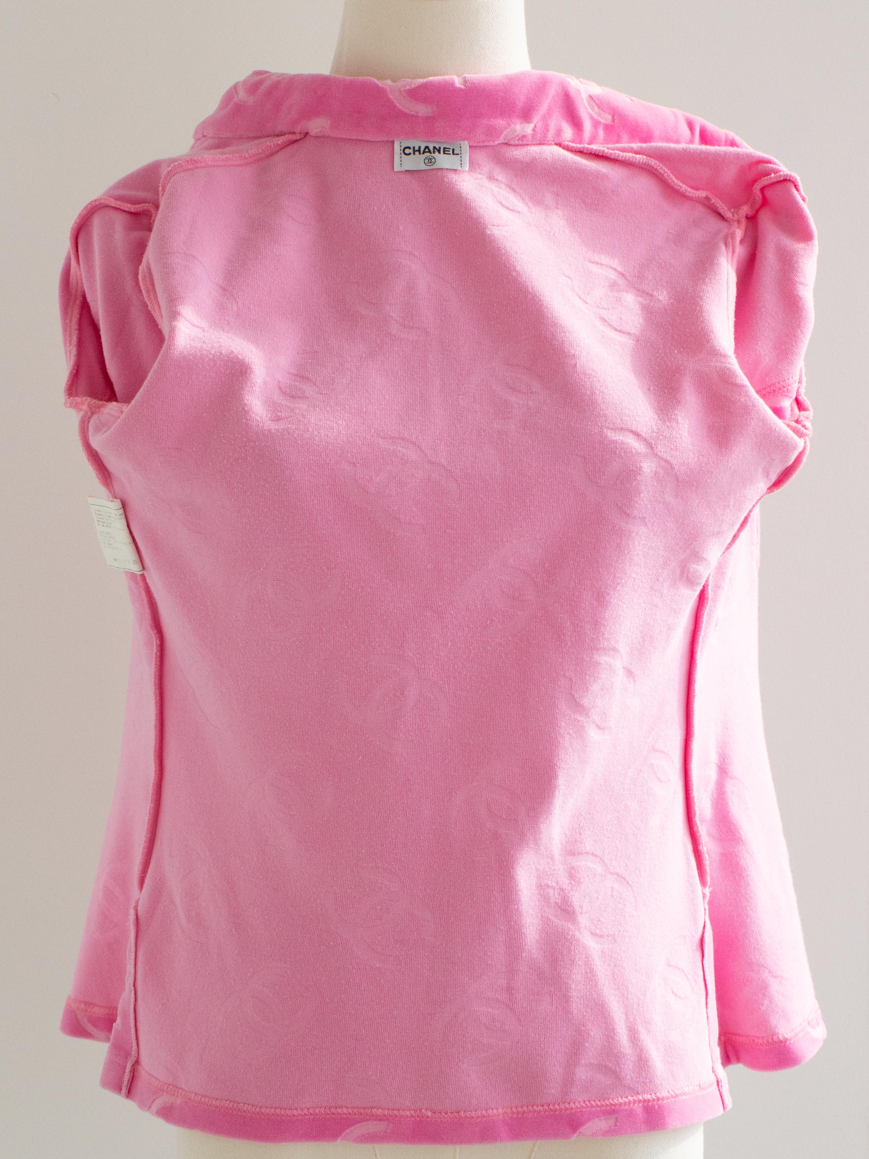 Iconic Chanel Vintage S/S 1996 Pink Velour CC Logo Button 96P Top For Sale 10