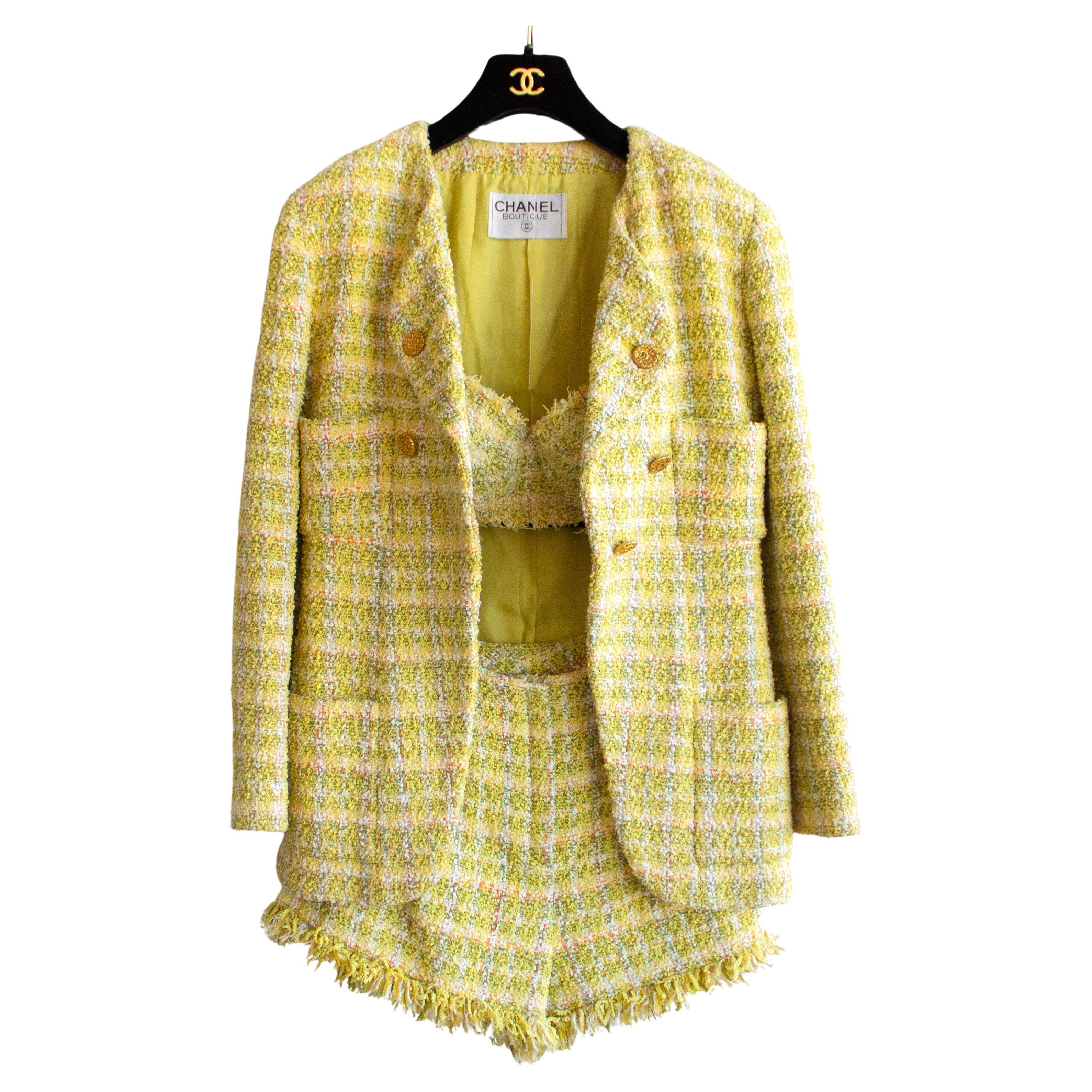Iconic Chanel Vintage Spring 1994 Yellow Tweed Bra Shorts Jacket 94P Suit  at 1stDibs