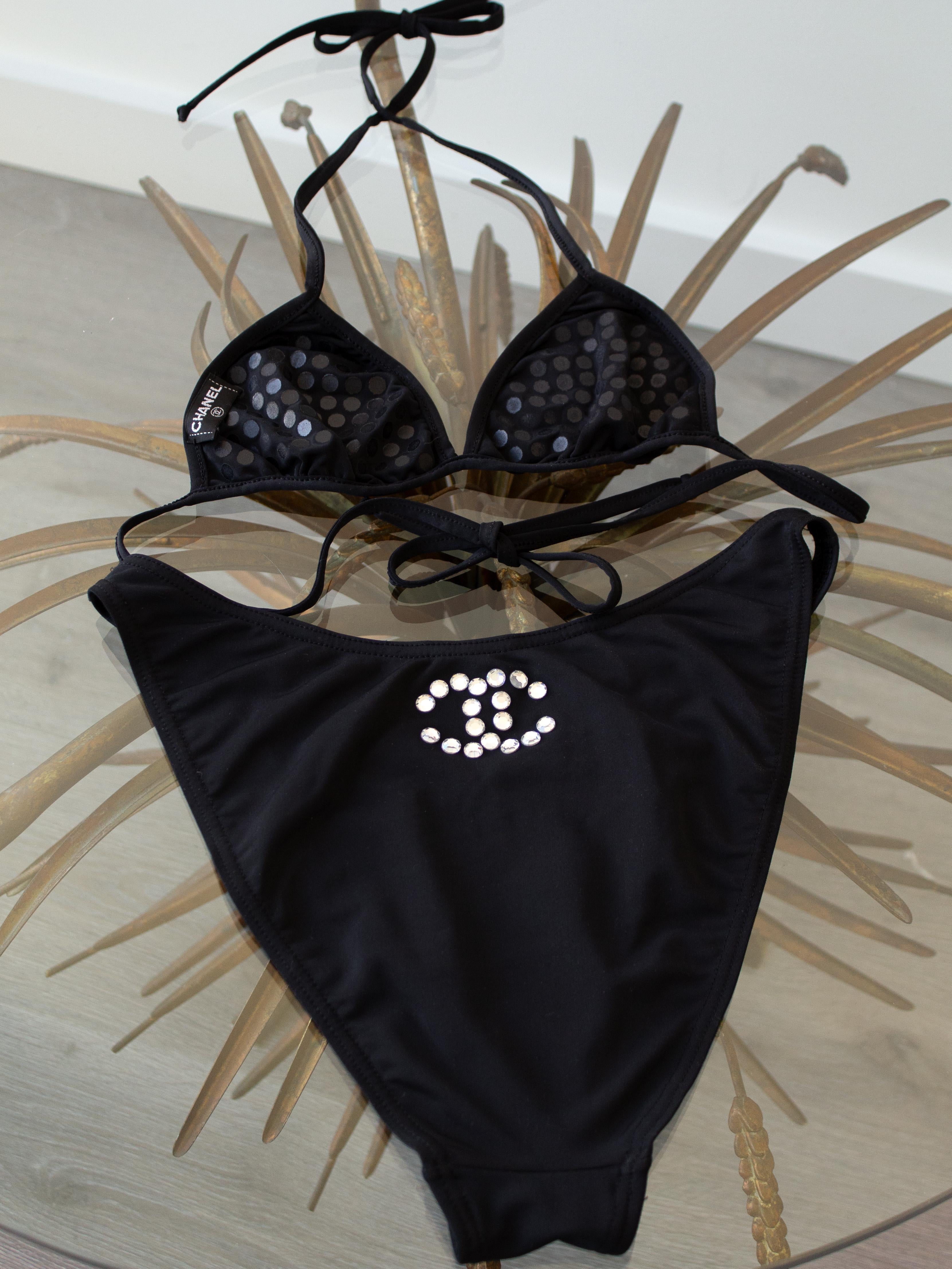 Iconic Chanel Vintage Spring 1995 Black Crystal Rhinestone 95P Bikini Swimsuit 5