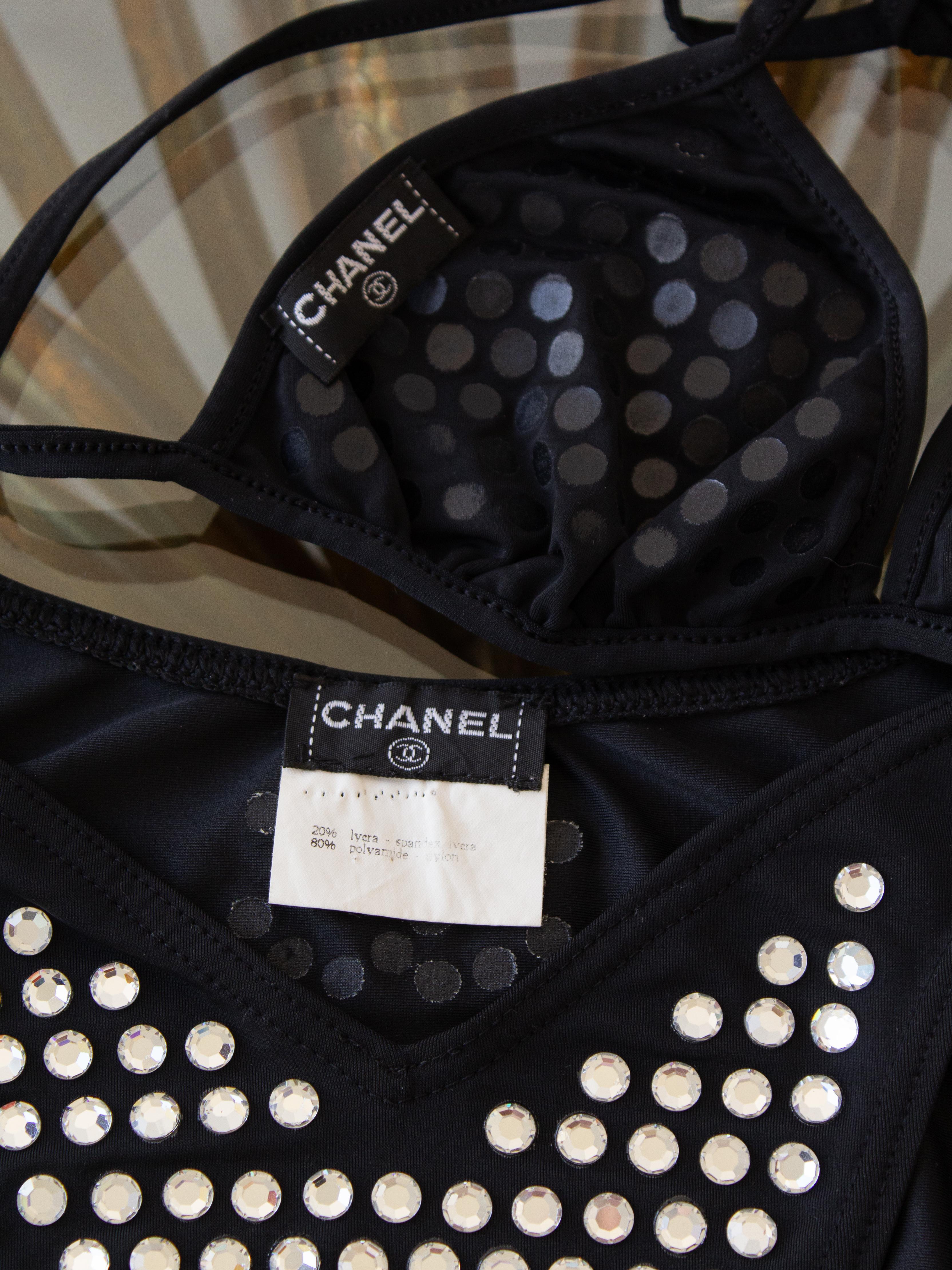 Iconic Chanel Vintage Spring 1995 Black Crystal Rhinestone 95P Bikini Swimsuit 10