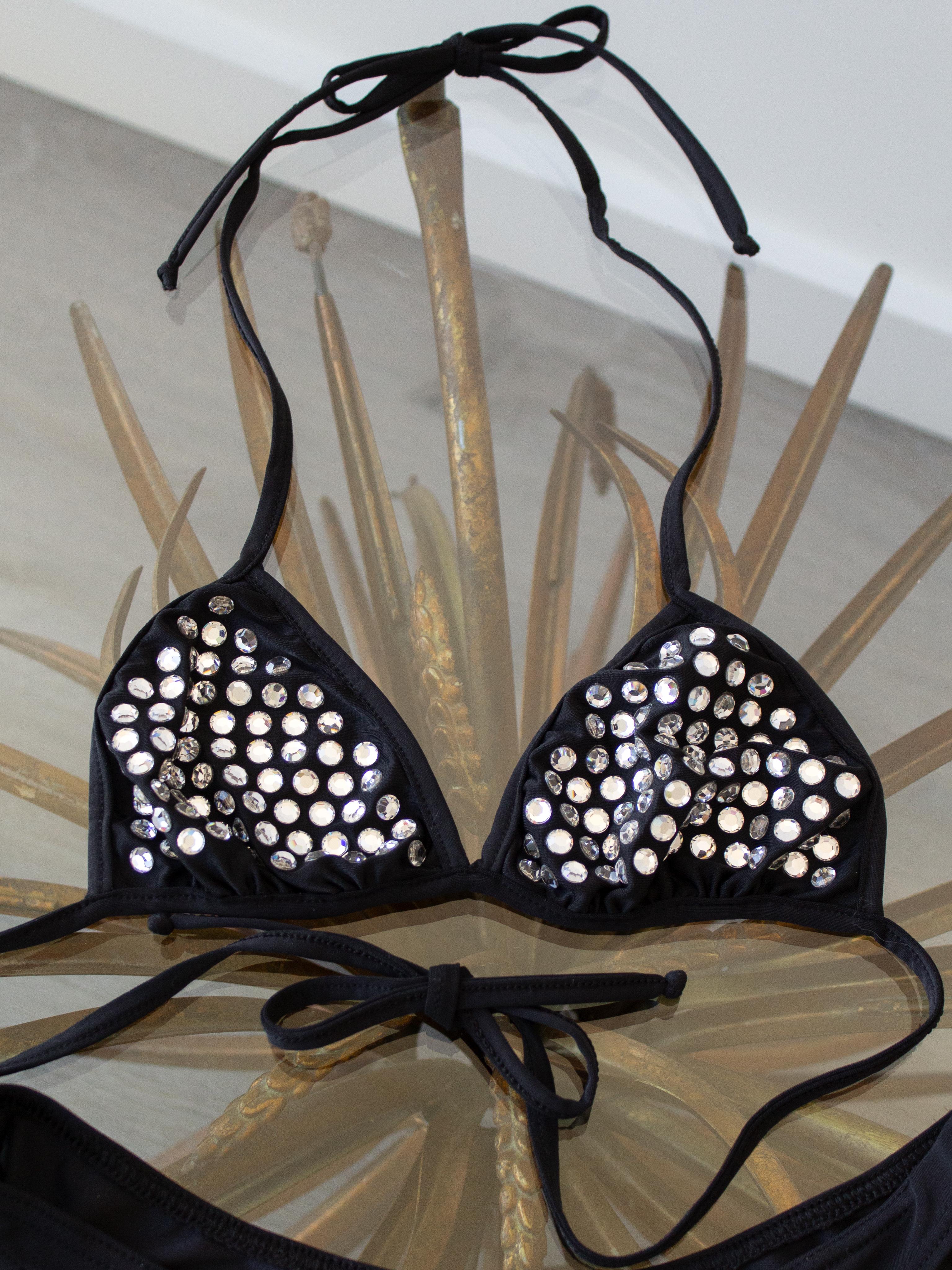 Iconic Chanel Vintage Spring 1995 Black Crystal Rhinestone 95P Bikini Swimsuit In Good Condition In Jersey City, NJ