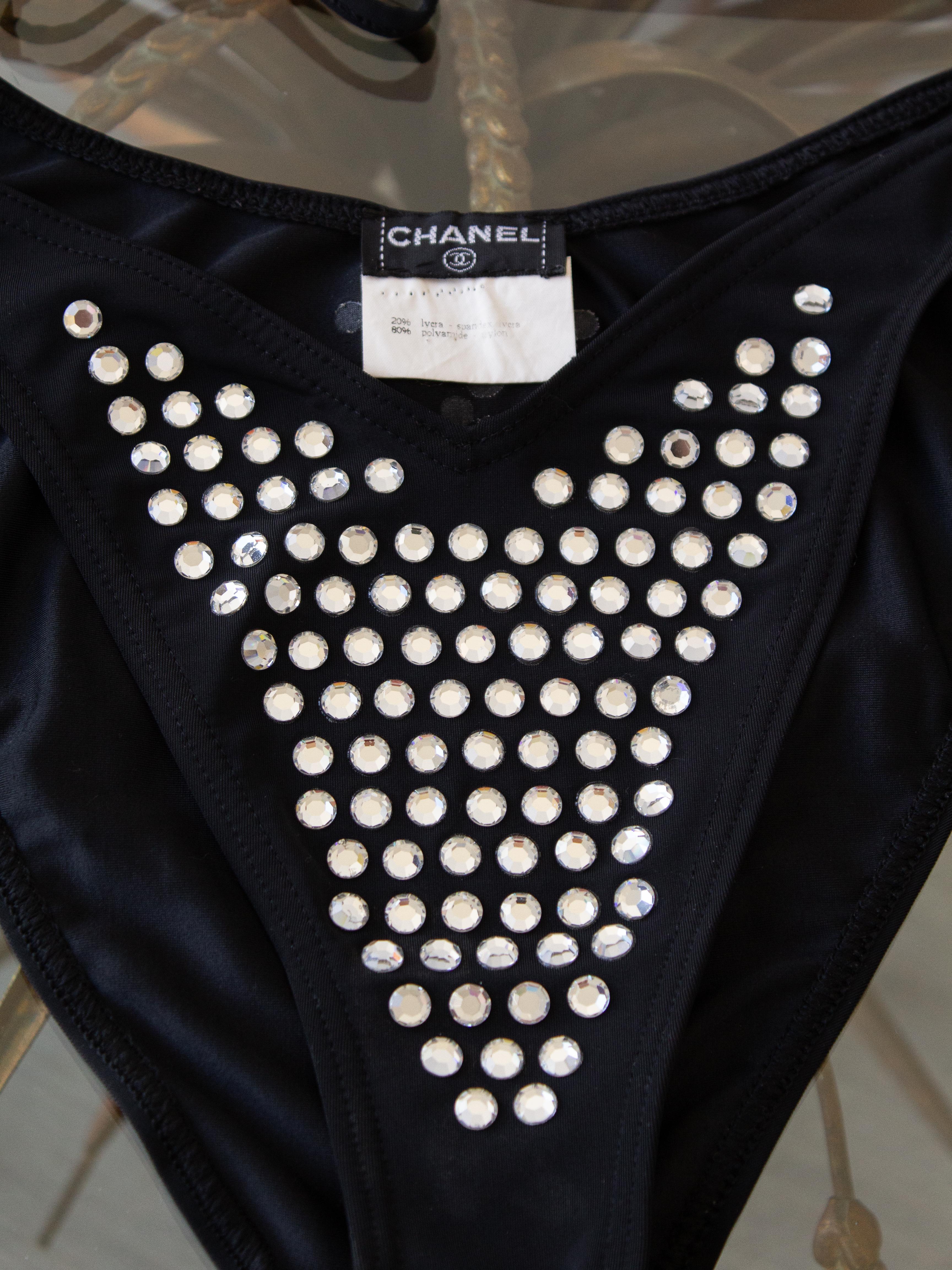 Iconic Chanel Vintage Spring 1995 Black Crystal Rhinestone 95P Bikini Swimsuit 2