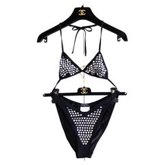 Iconic Chanel Retro Spring 1995 Black Crystal Rhinestone 95P Bikini Swimsuit