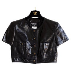 Iconic Chanel Vintage Spring 1995 Cropped Black Patent Leather 95P Jacket