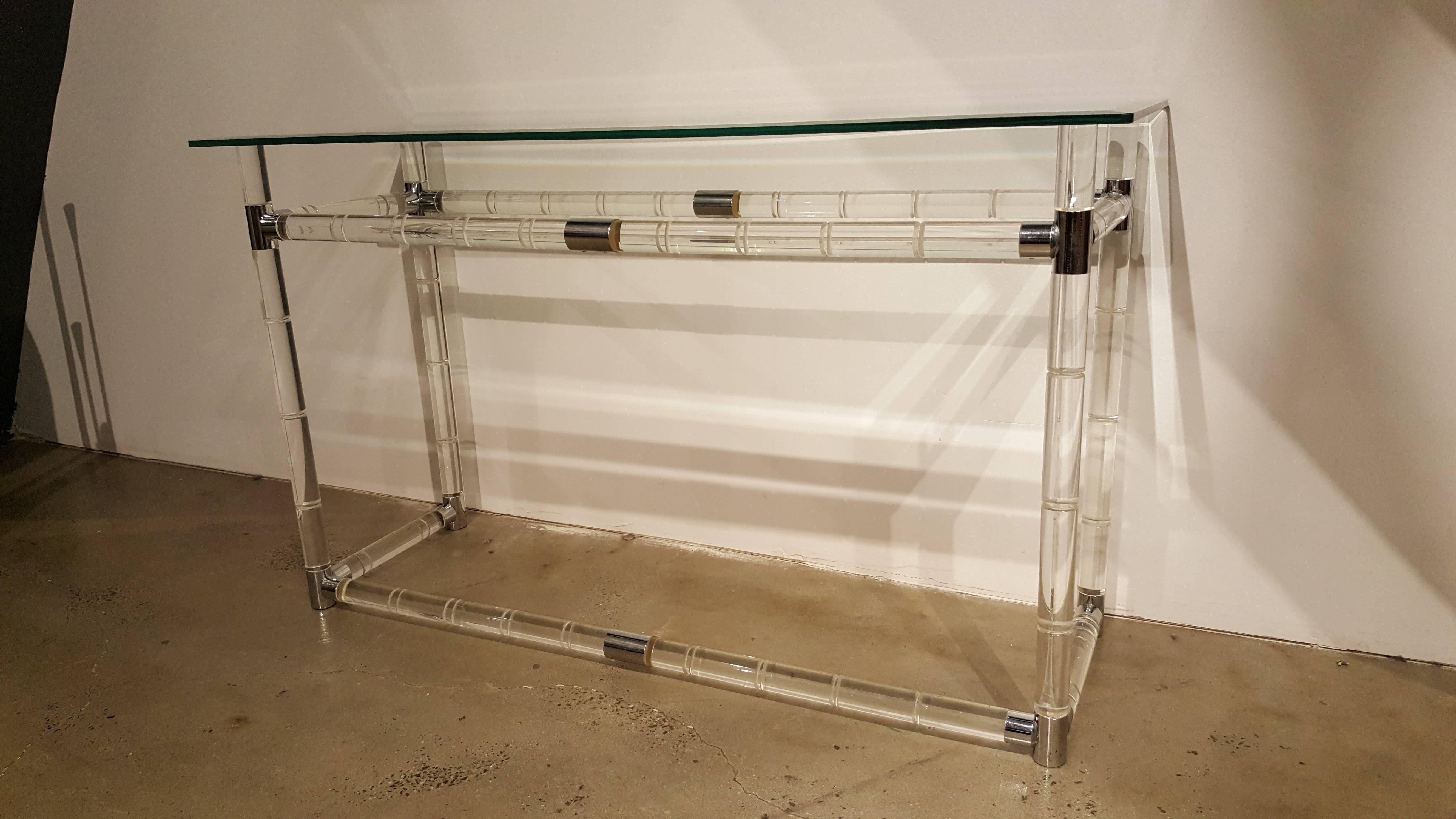 Iconic Charles Hollis Jones Bamboo Console Table in Lucite, Chrome and Glass 3
