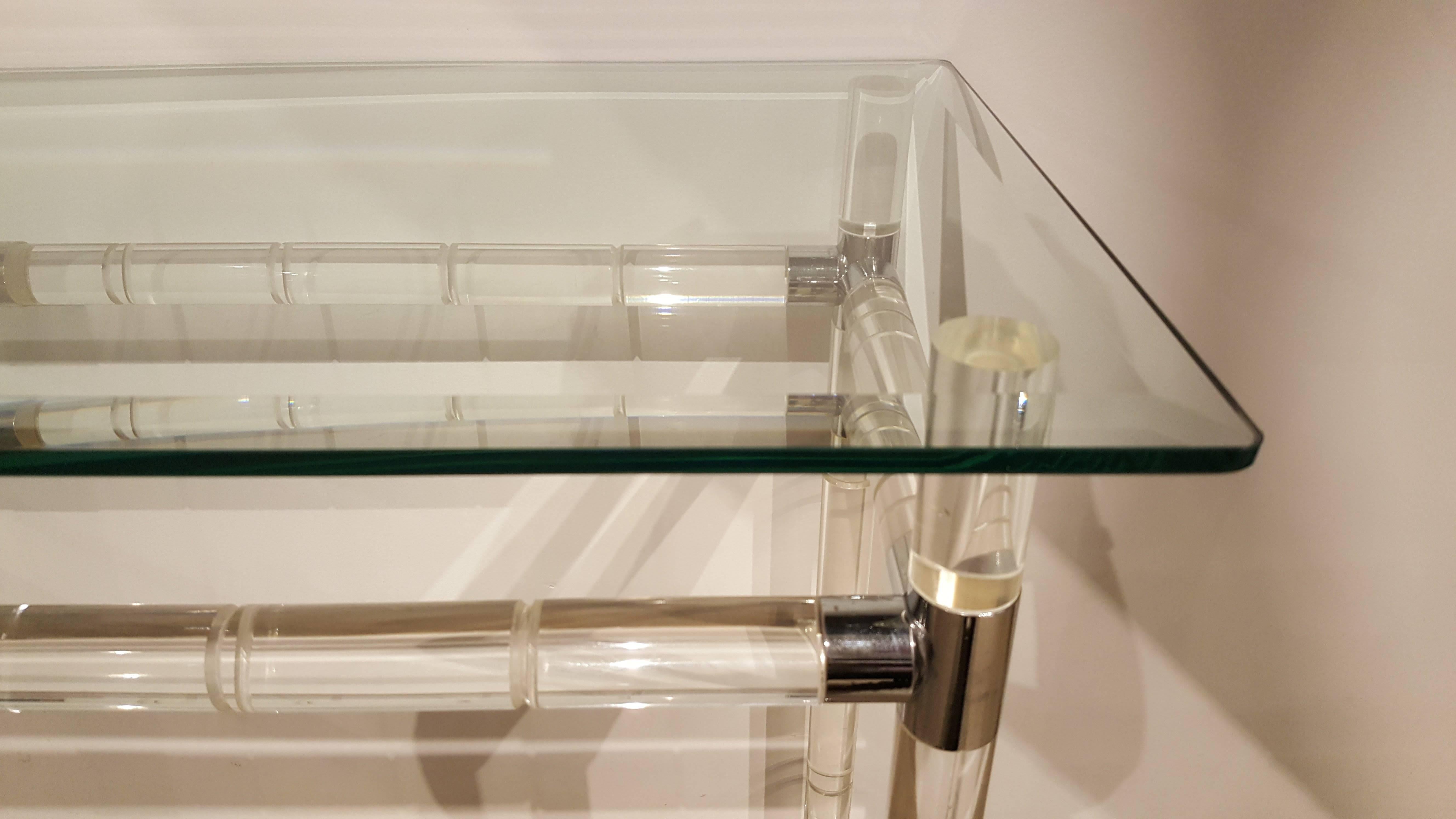 Polished Iconic Charles Hollis Jones Bamboo Console Table in Lucite, Chrome and Glass