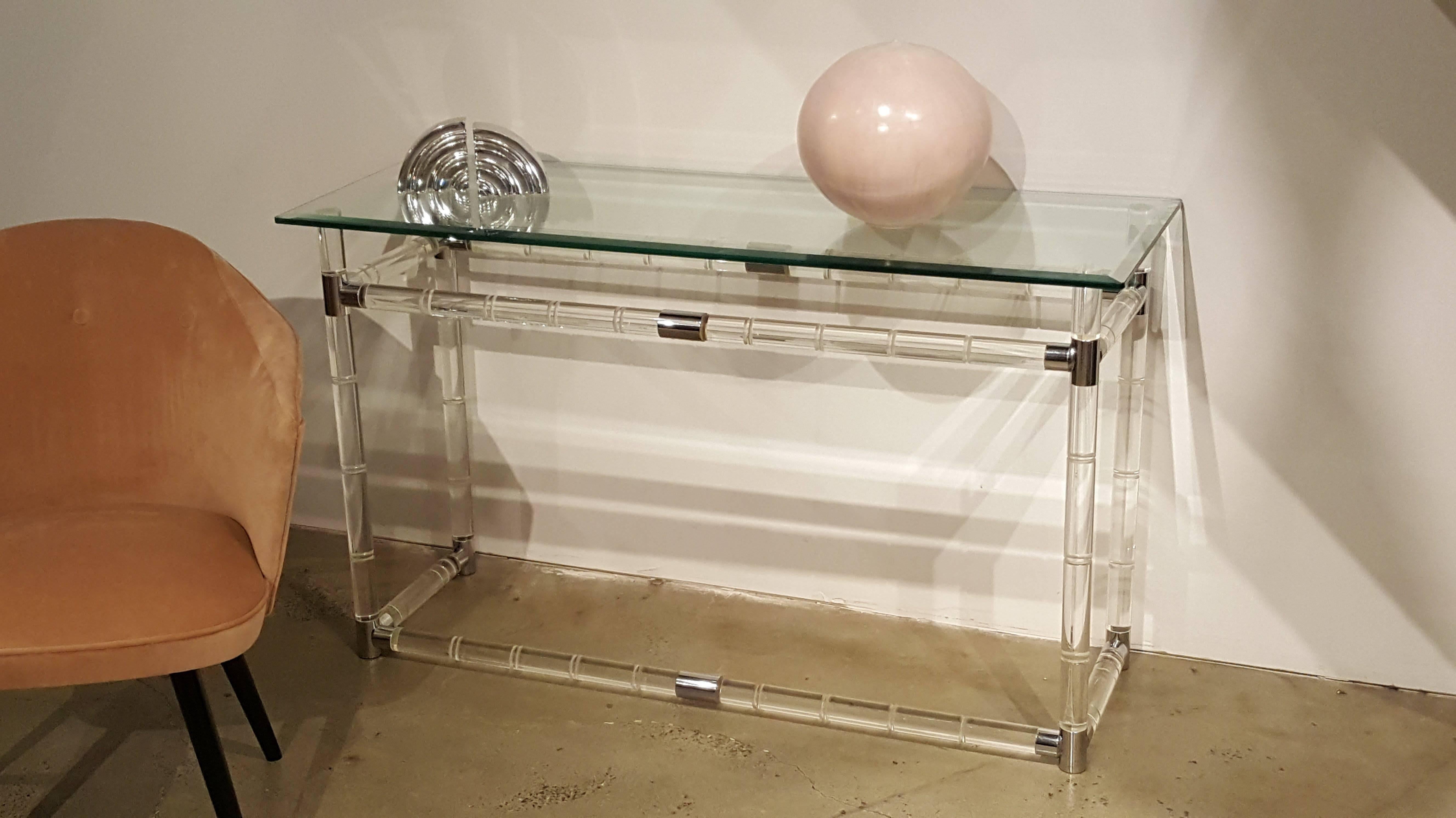 Iconic Charles Hollis Jones Bamboo Console Table in Lucite, Chrome and Glass In Excellent Condition In New York, NY