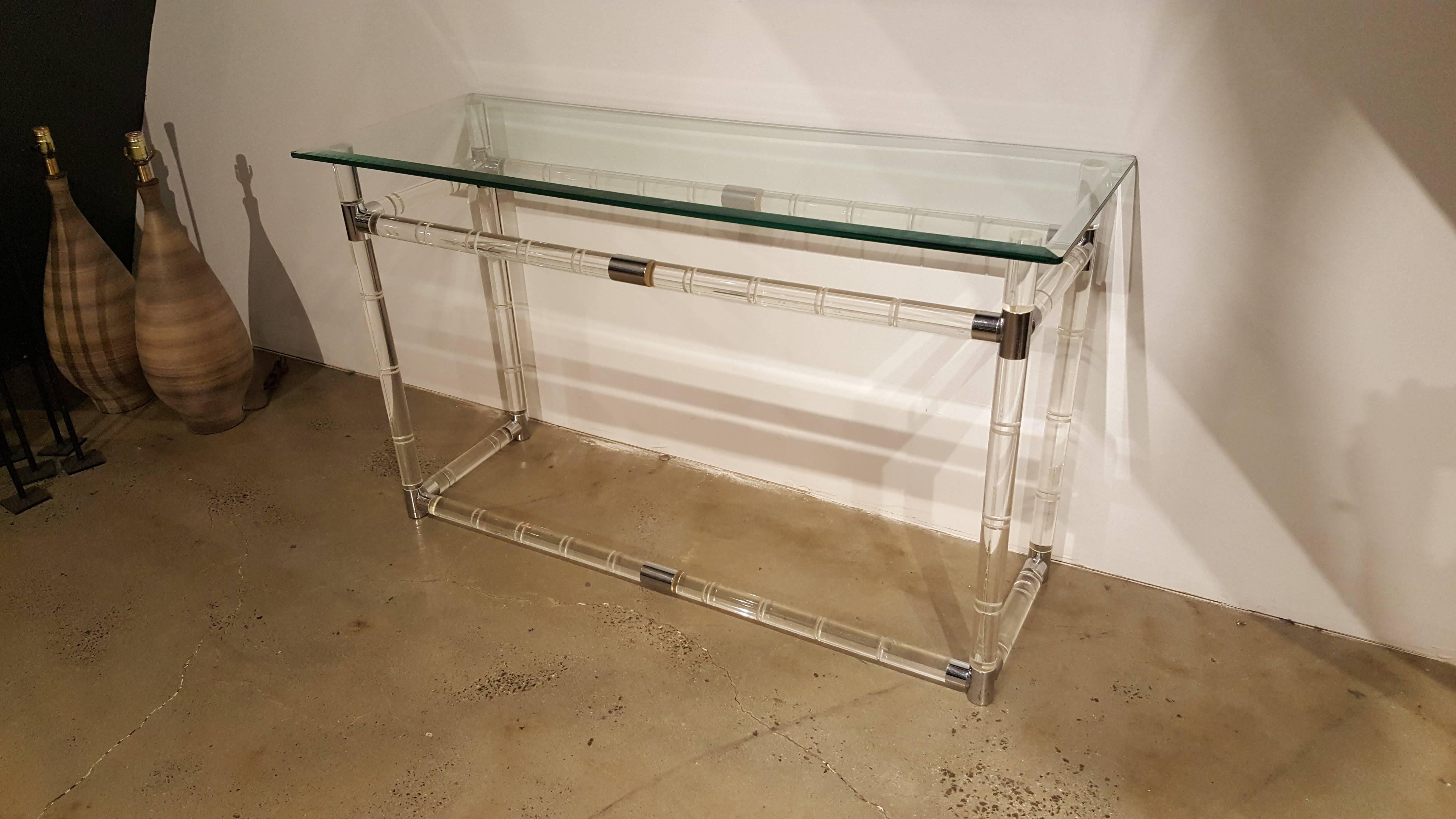 Iconic Charles Hollis Jones Bamboo Console Table in Lucite, Chrome and Glass 2
