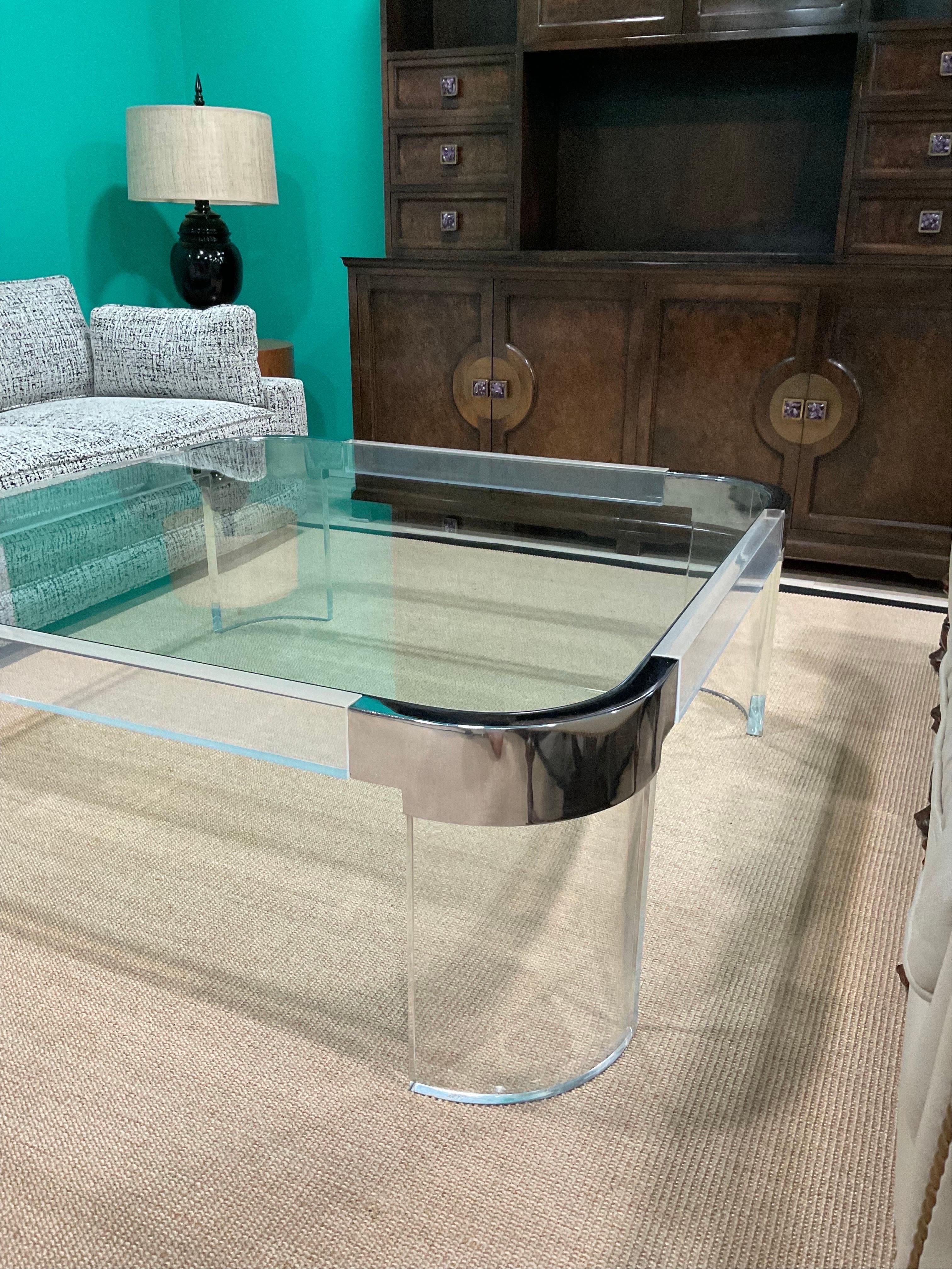 American Iconic Charles Hollis Jones Chrome and Lucite Waterfall Coffee Table For Sale