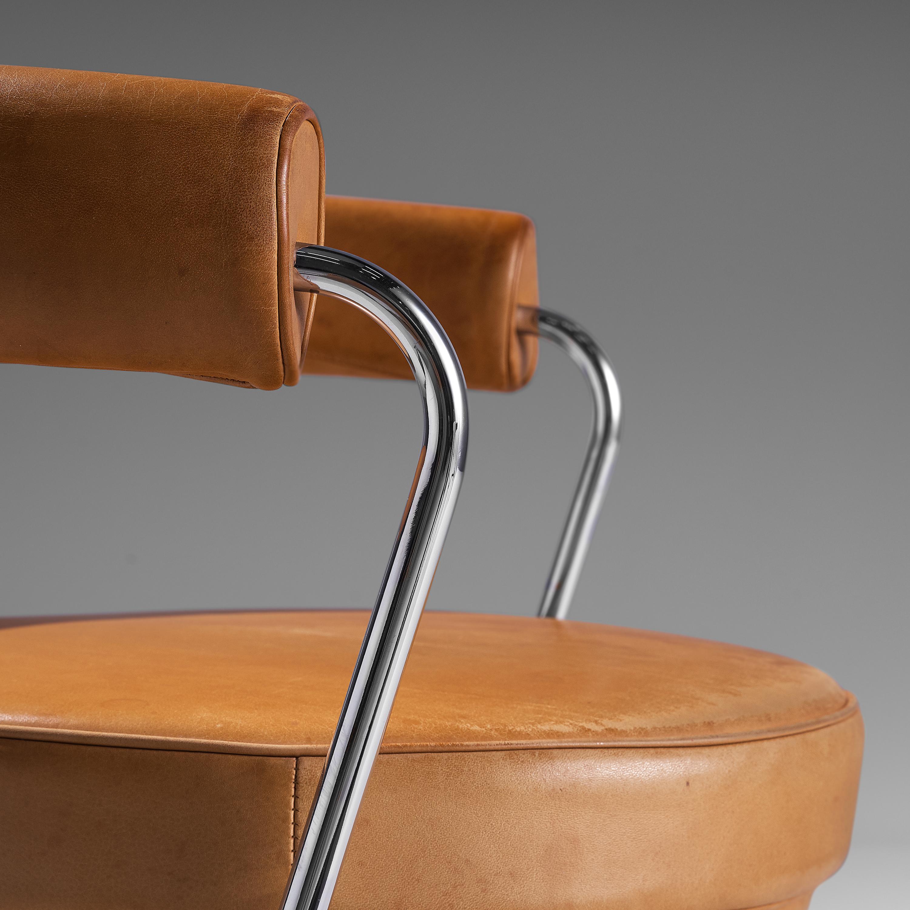 Italian Iconic Charlotte Perriand 'LC7' Swivel Chair in Tubular Steel and Cognac Leather