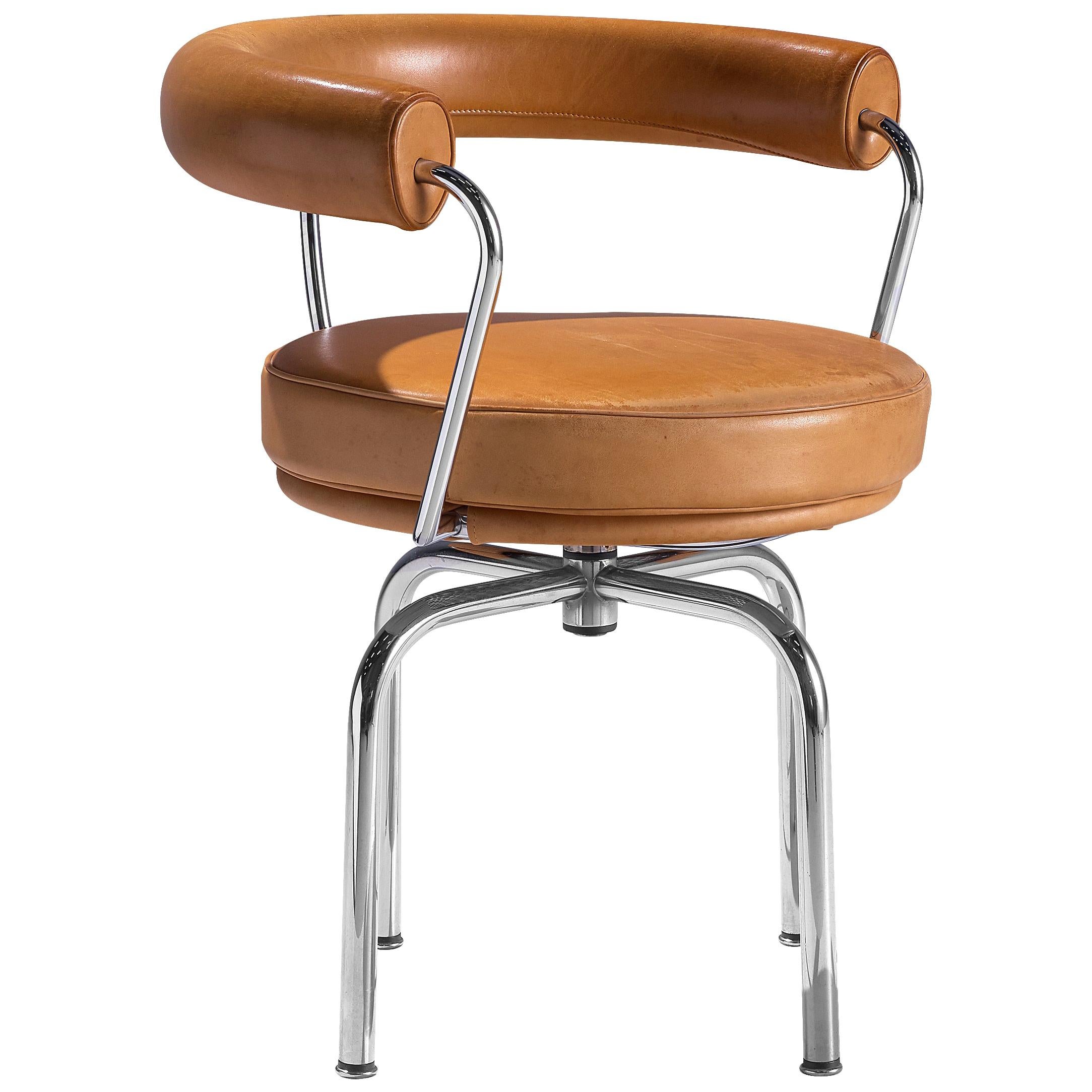 Iconic Charlotte Perriand 'LC7' Swivel Chair in Tubular Steel and Cognac Leather