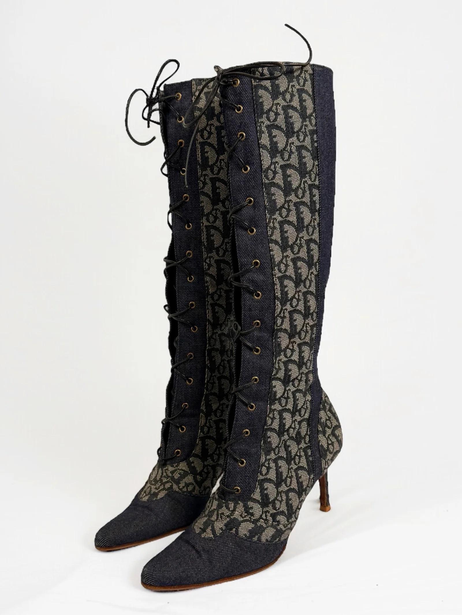 Black Iconic Christian Dior by John Galliano Lace Up Monogram Boots, SS 2000 For Sale