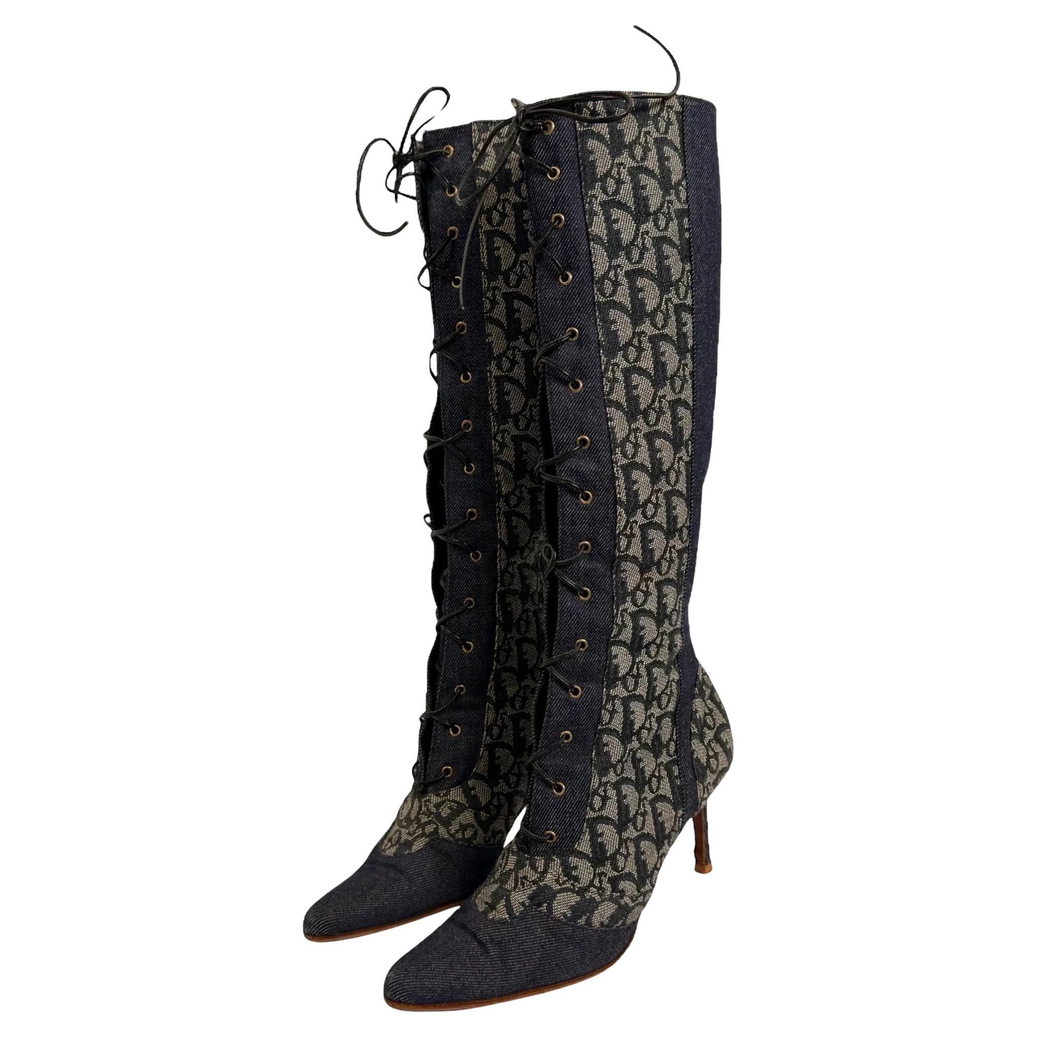 Iconic Christian Dior by John Galliano Lace Up Monogram Boots, SS 2000 For Sale