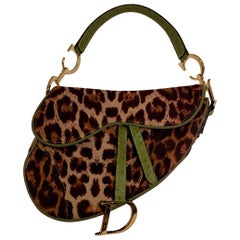 Iconic Christian Dior Leopard Print Saddle Bag with Gold-tone Logo Hardware