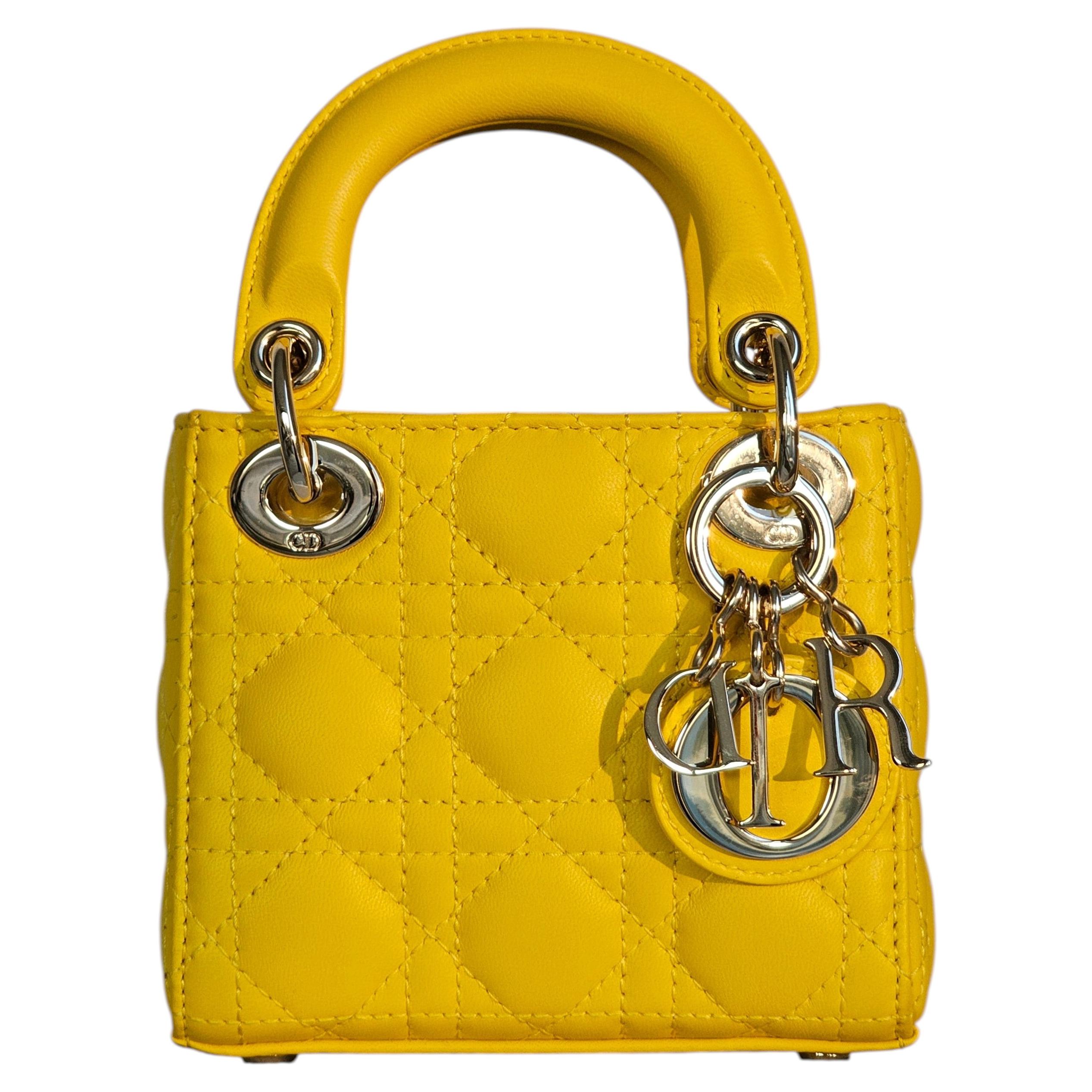 Iconic Christian Dior Micro Lambskin Cannage Lady Dior satchel yellow summer bag