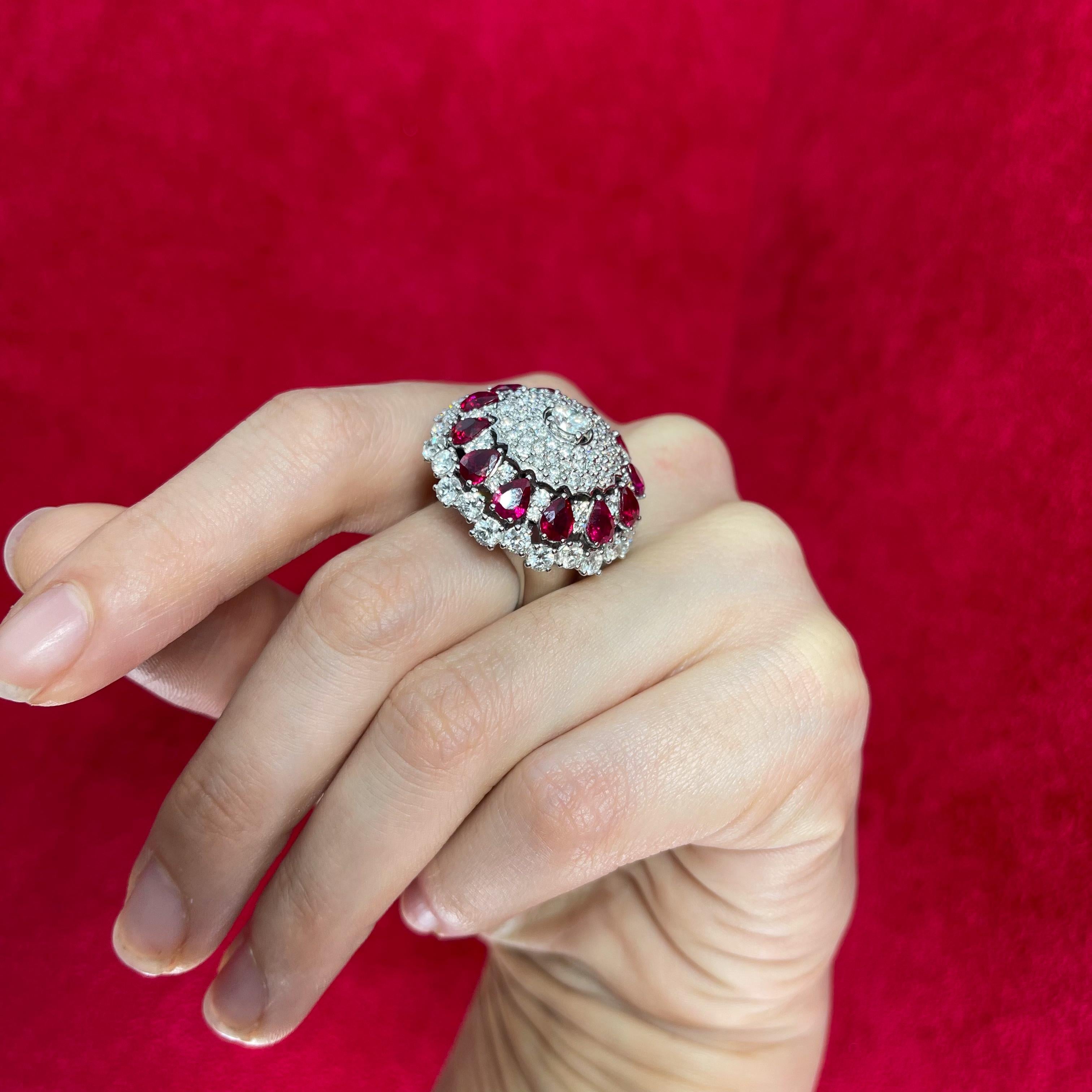 Iconic Curnis White Gold Dome Ring with Diamonds and Ruby Drops For Sale 5