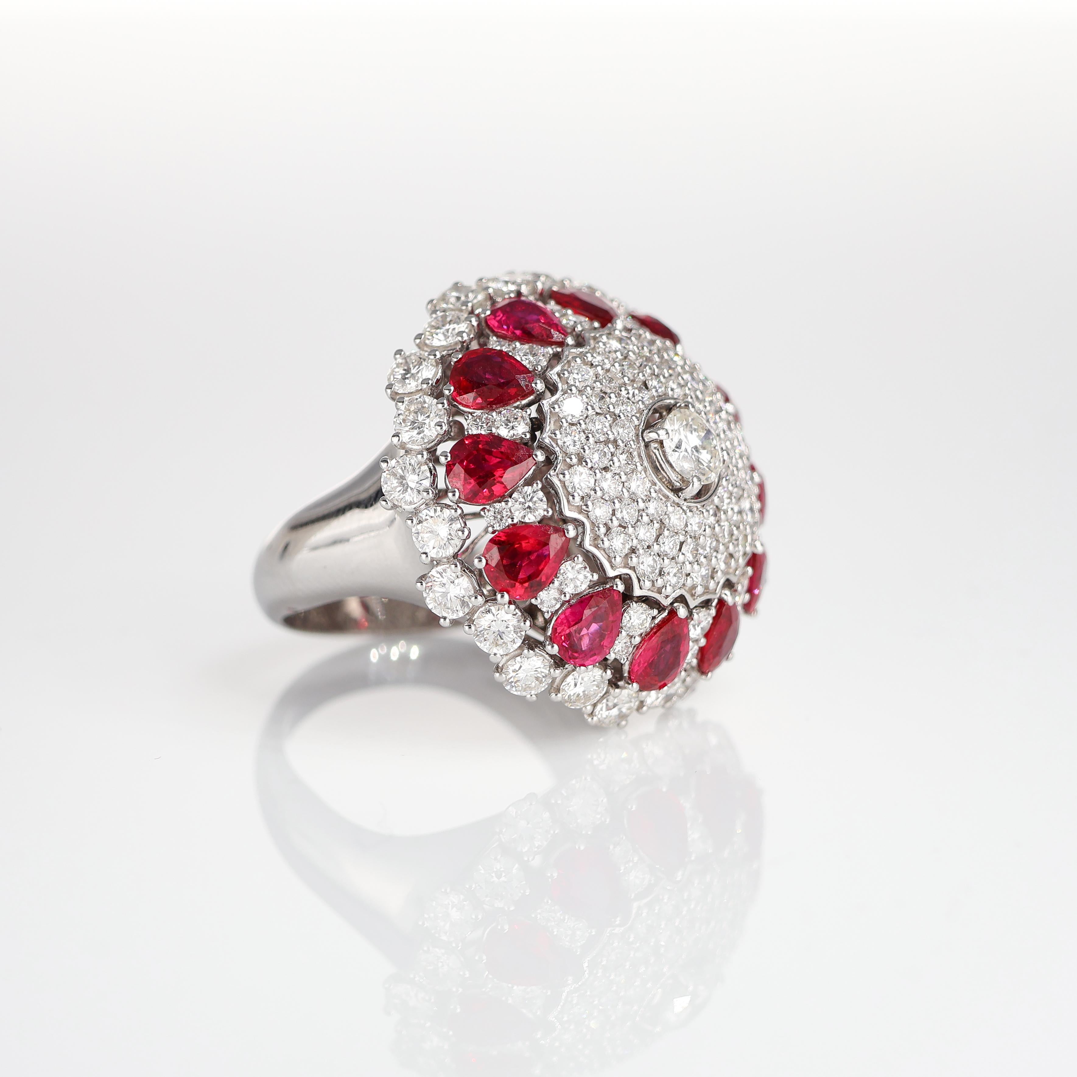 Brilliant Cut Iconic Curnis White Gold Dome Ring with Diamonds and Ruby Drops For Sale