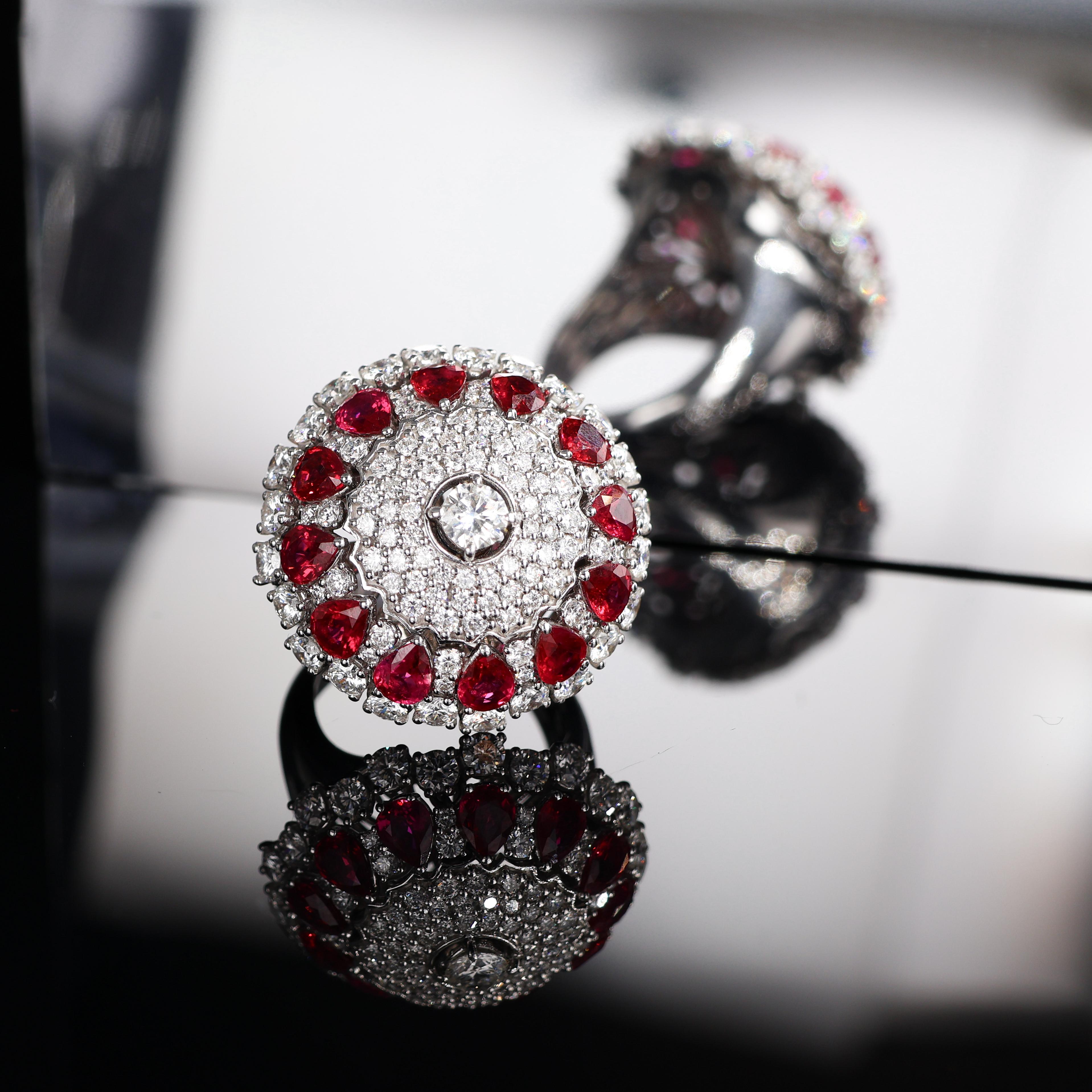 Iconic Curnis White Gold Dome Ring with Diamonds and Ruby Drops For Sale 1