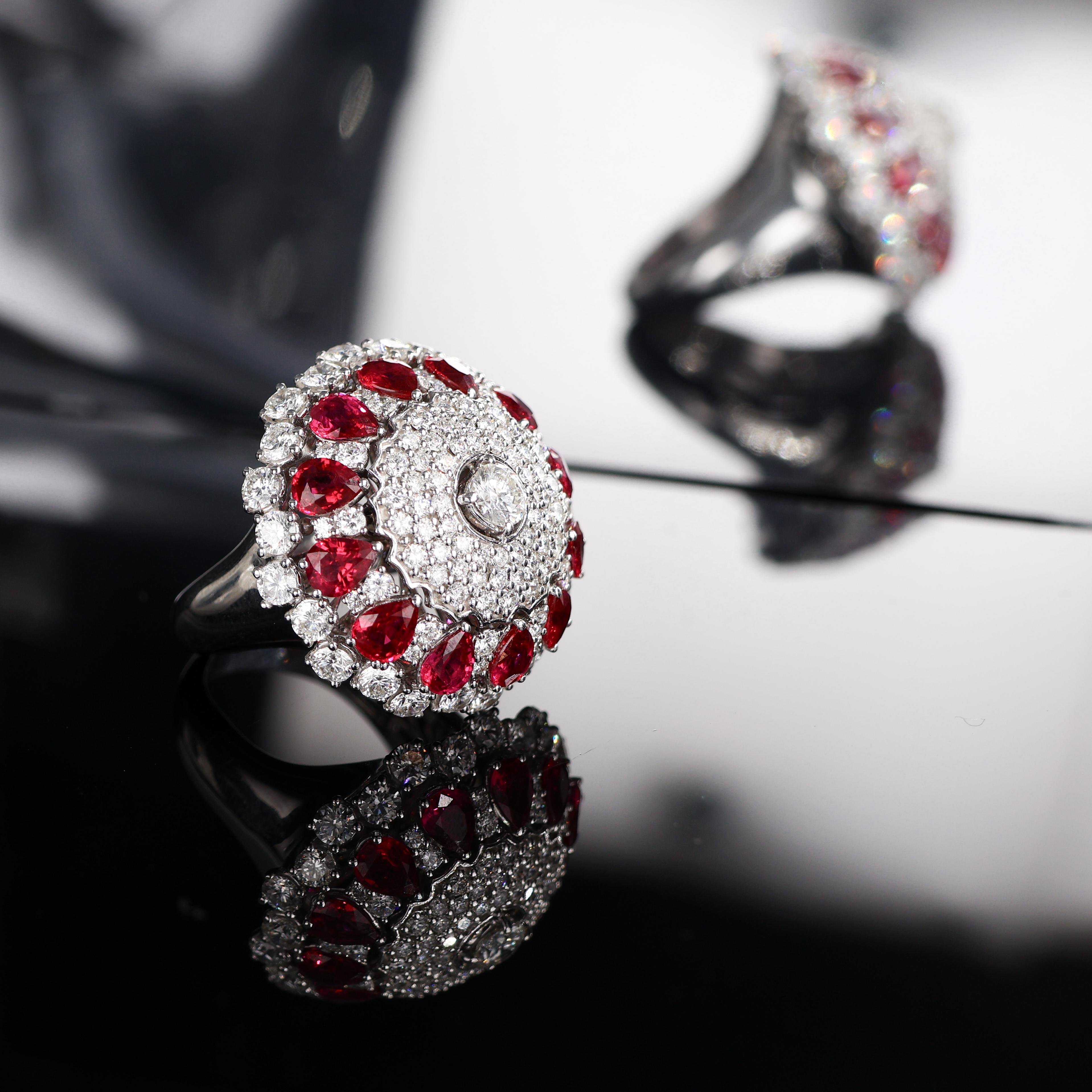 Iconic Curnis White Gold Dome Ring with Diamonds and Ruby Drops For Sale 2