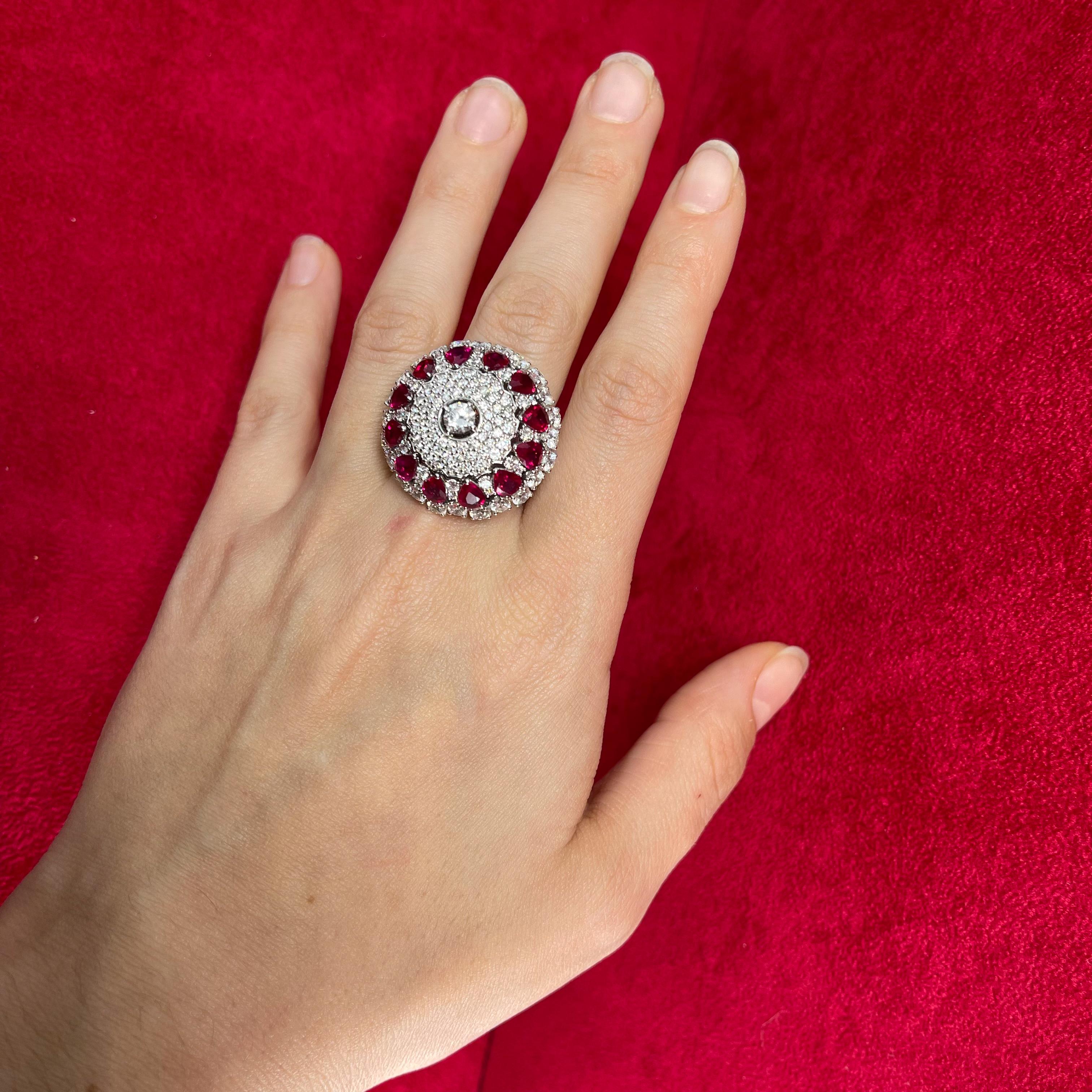 Iconic Curnis White Gold Dome Ring with Diamonds and Ruby Drops For Sale 3