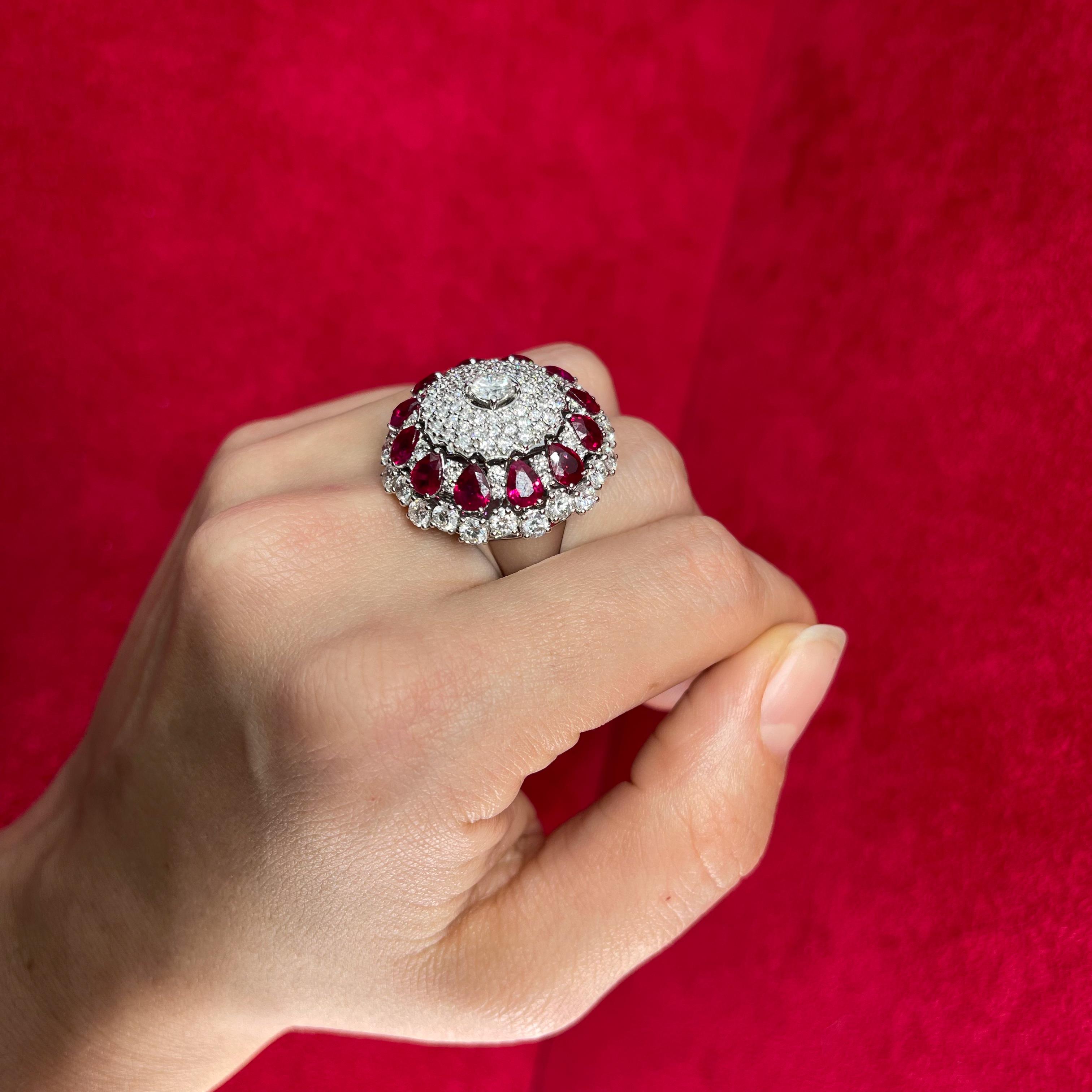 Iconic Curnis White Gold Dome Ring with Diamonds and Ruby Drops For Sale 4