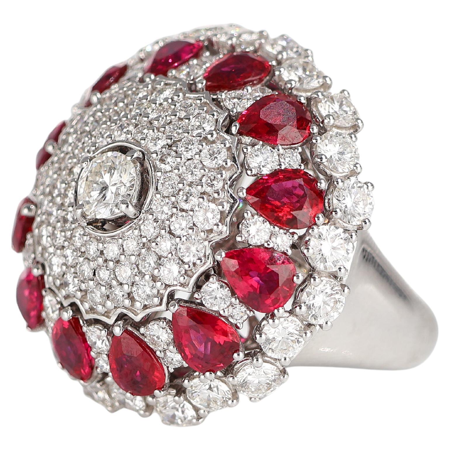 Iconic Curnis White Gold Dome Ring with Diamonds and Ruby Drops For Sale