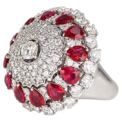Iconic Curnis White Gold Dome Ring with Diamonds and Ruby Drops