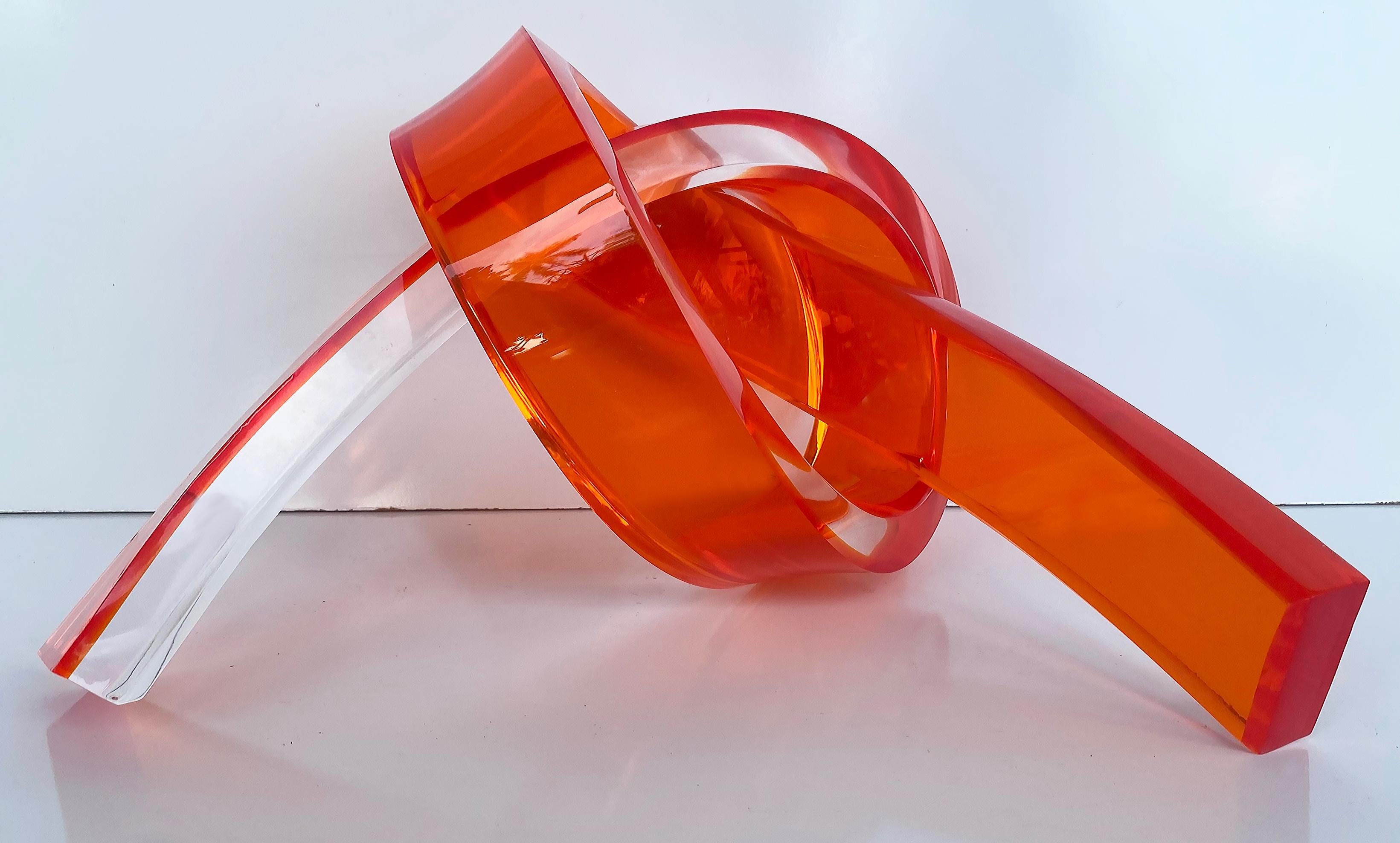 Modern Iconic Design Thick Twisted Abstract Lucite Ribbon Sculpture, 2023 Orange For Sale