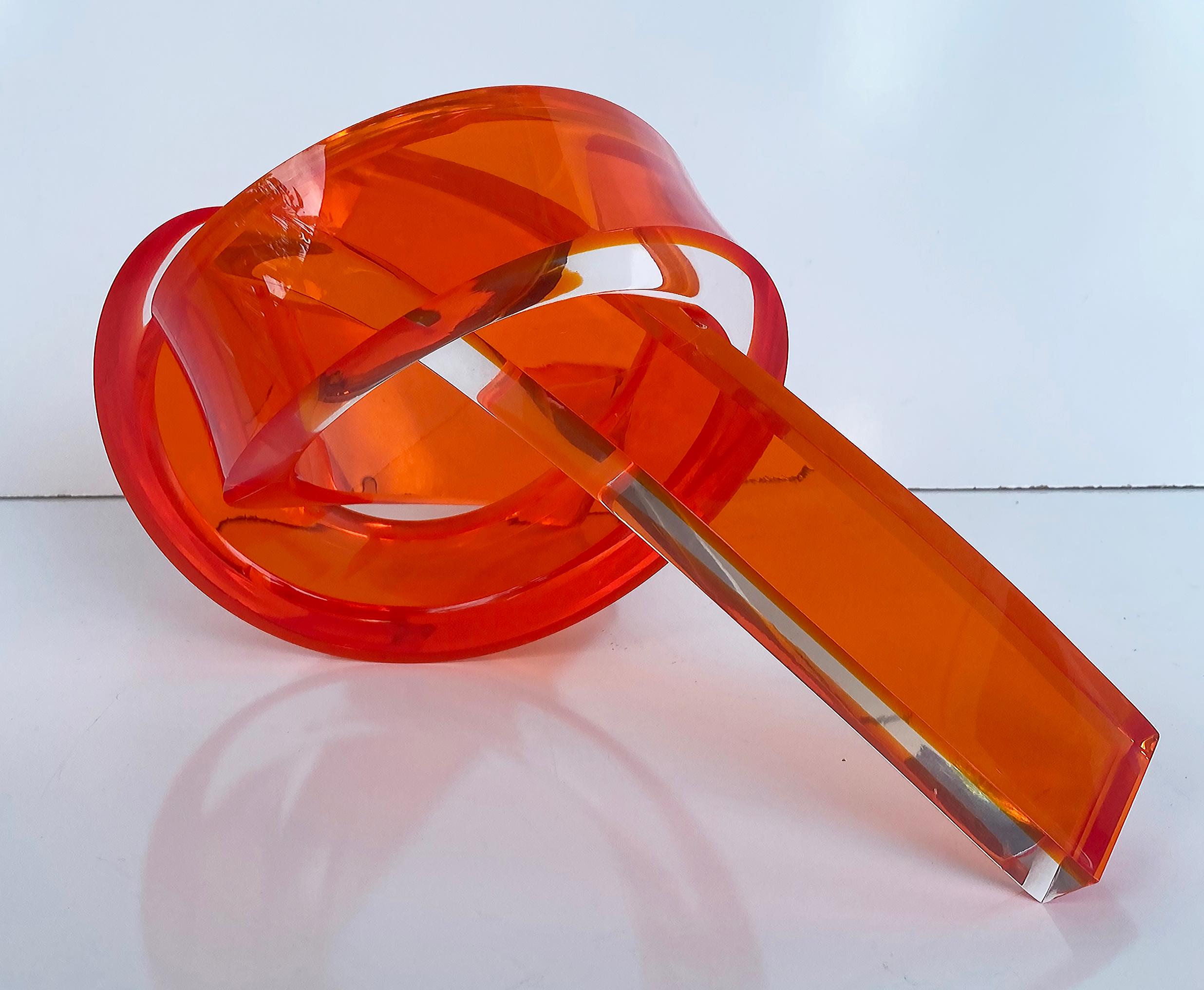 American Iconic Design Thick Twisted Abstract Lucite Ribbon Sculpture, 2023 Orange For Sale