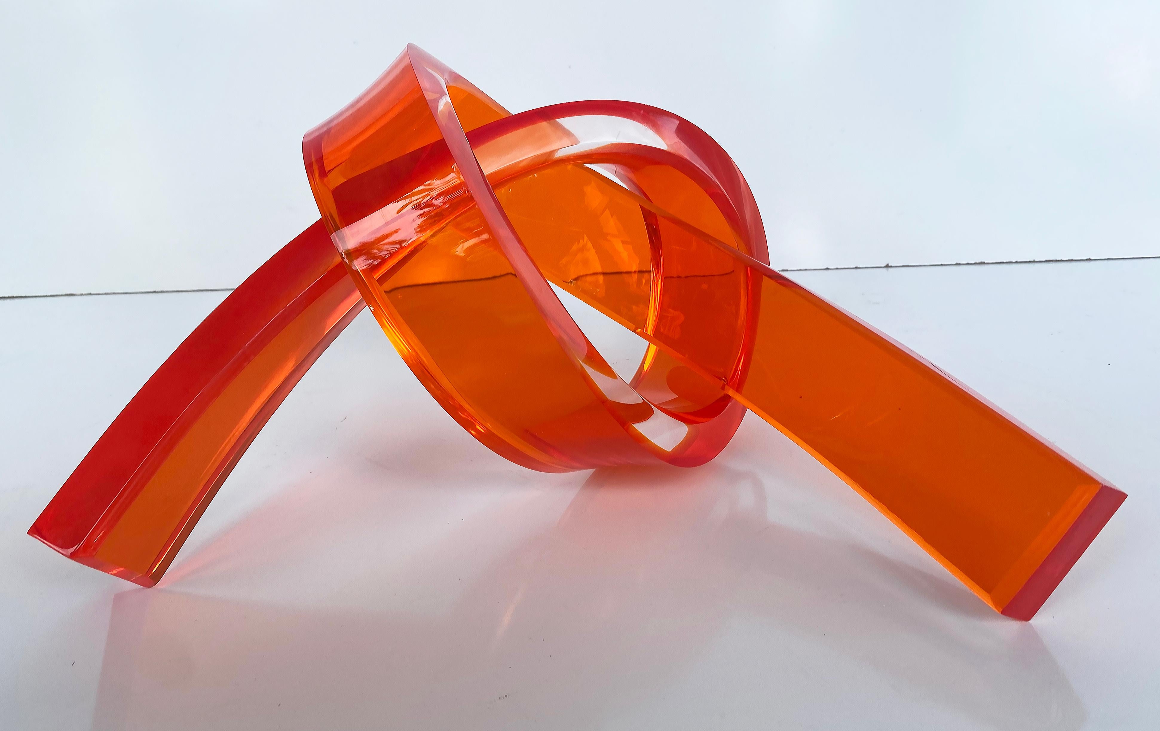Iconic Design Thick Twisted Abstract Lucite Ribbon Sculpture, 2023 Orange In New Condition For Sale In Miami, FL
