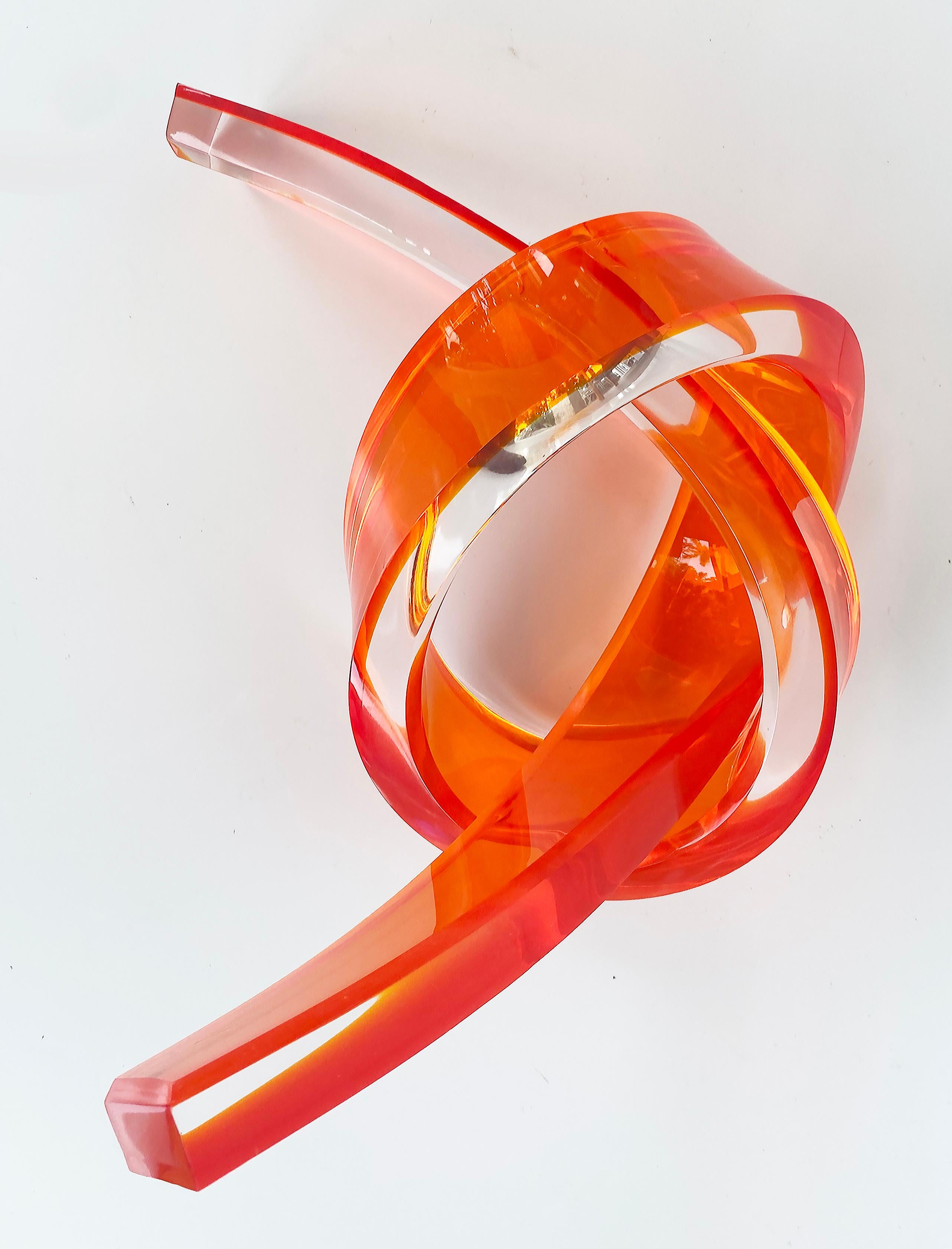 Contemporary Iconic Design Thick Twisted Abstract Lucite Ribbon Sculpture, 2023 Orange For Sale
