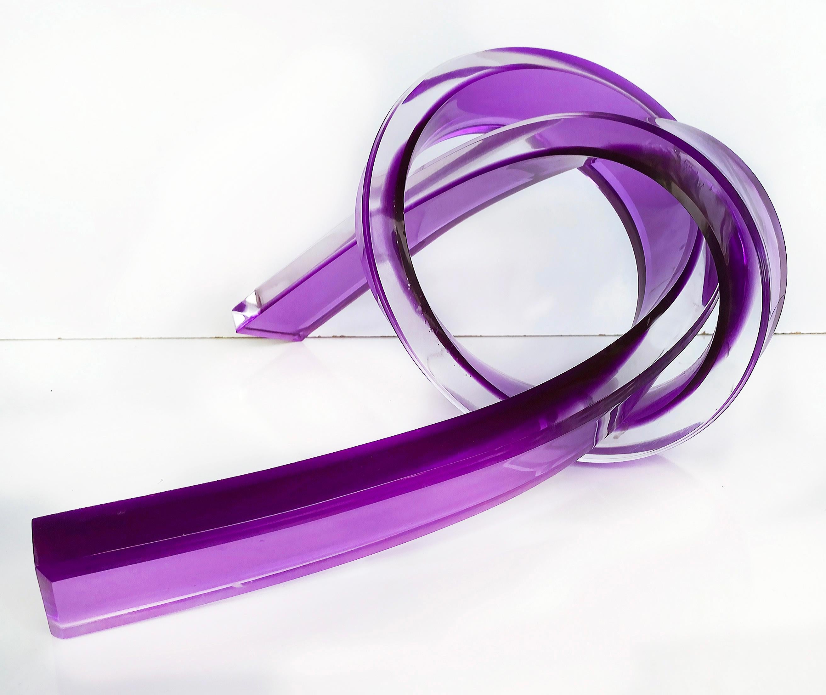 Modern Iconic Design Thick Twisted Abstract Lucite Ribbon Sculpture, Purple  For Sale
