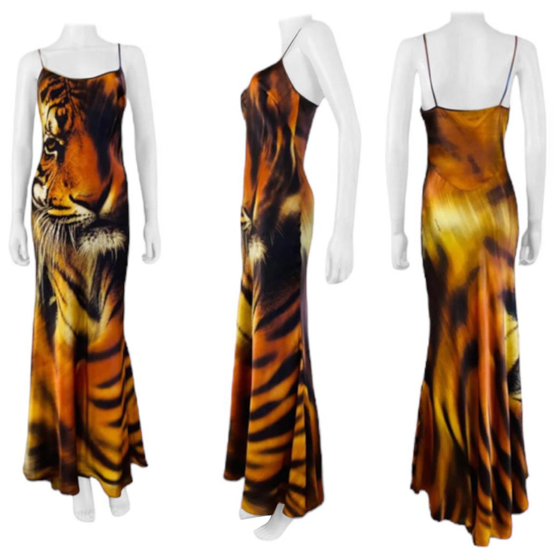 F/W 2000 Roberto Cavalli Dress 
Highly documented dress worn by Cindy Crawford, Kim + Kourtney Kardashian
Silk maxi length dress
Thin shoulder straps
Scooped neckline
Roberto Cavalli signature in various spot on dress
Bias cut
Darts on the