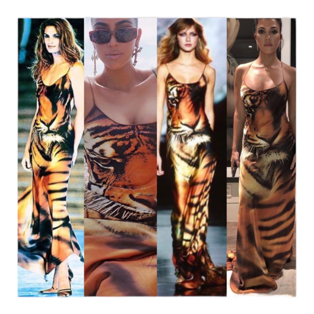 Iconic Documented Vintage F/W 2000 Roberto Cavalli Tiger Silk Maxi Slip Dress In Good Condition In Denver, CO
