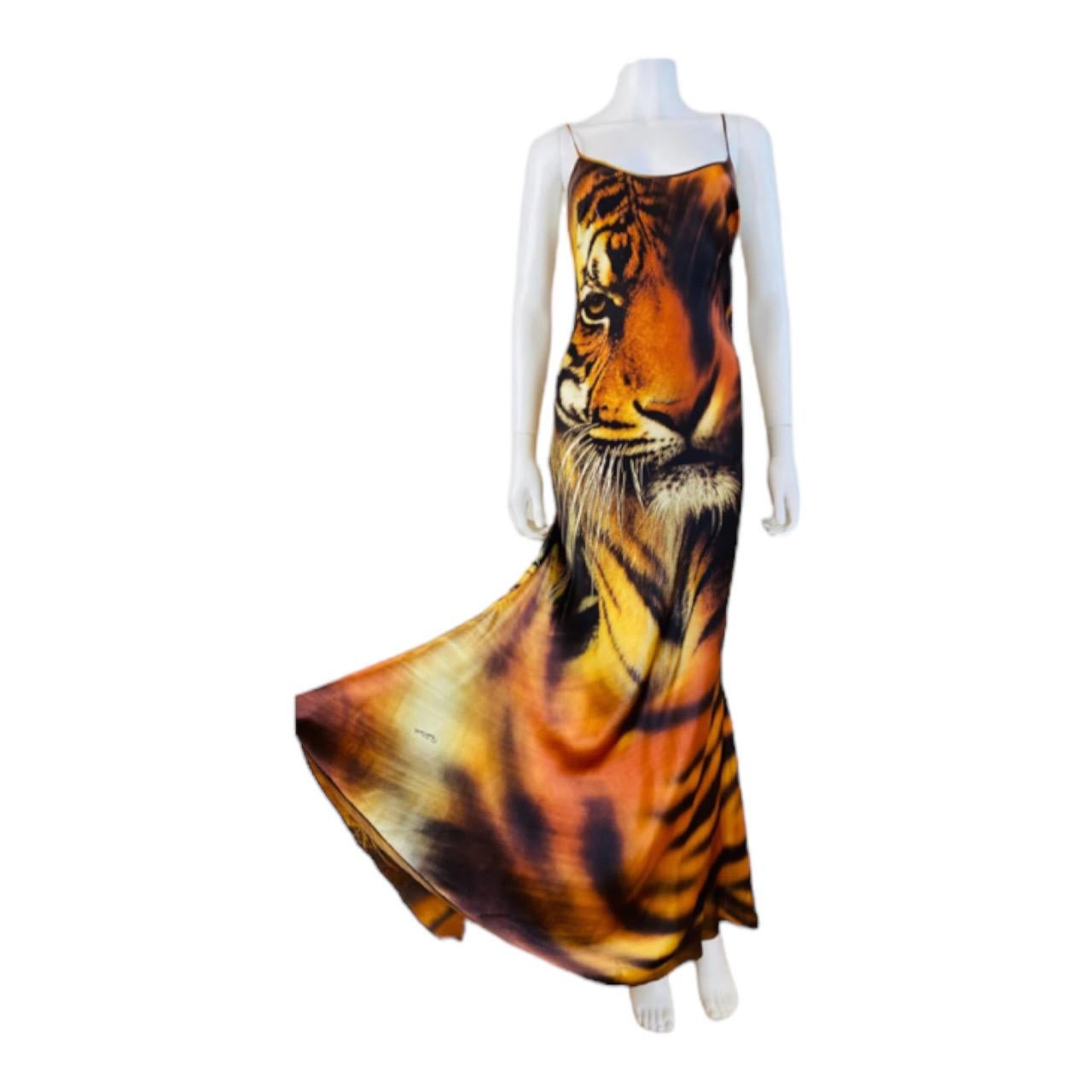 Women's Iconic Documented Vintage F/W 2000 Roberto Cavalli Tiger Silk Maxi Slip Dress