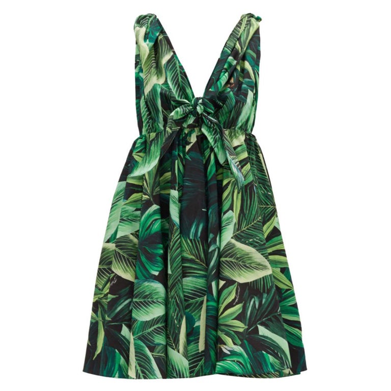 green emerald velvet dress Dolce and Gabbana Floral Leaf Cotton Dress – Recess