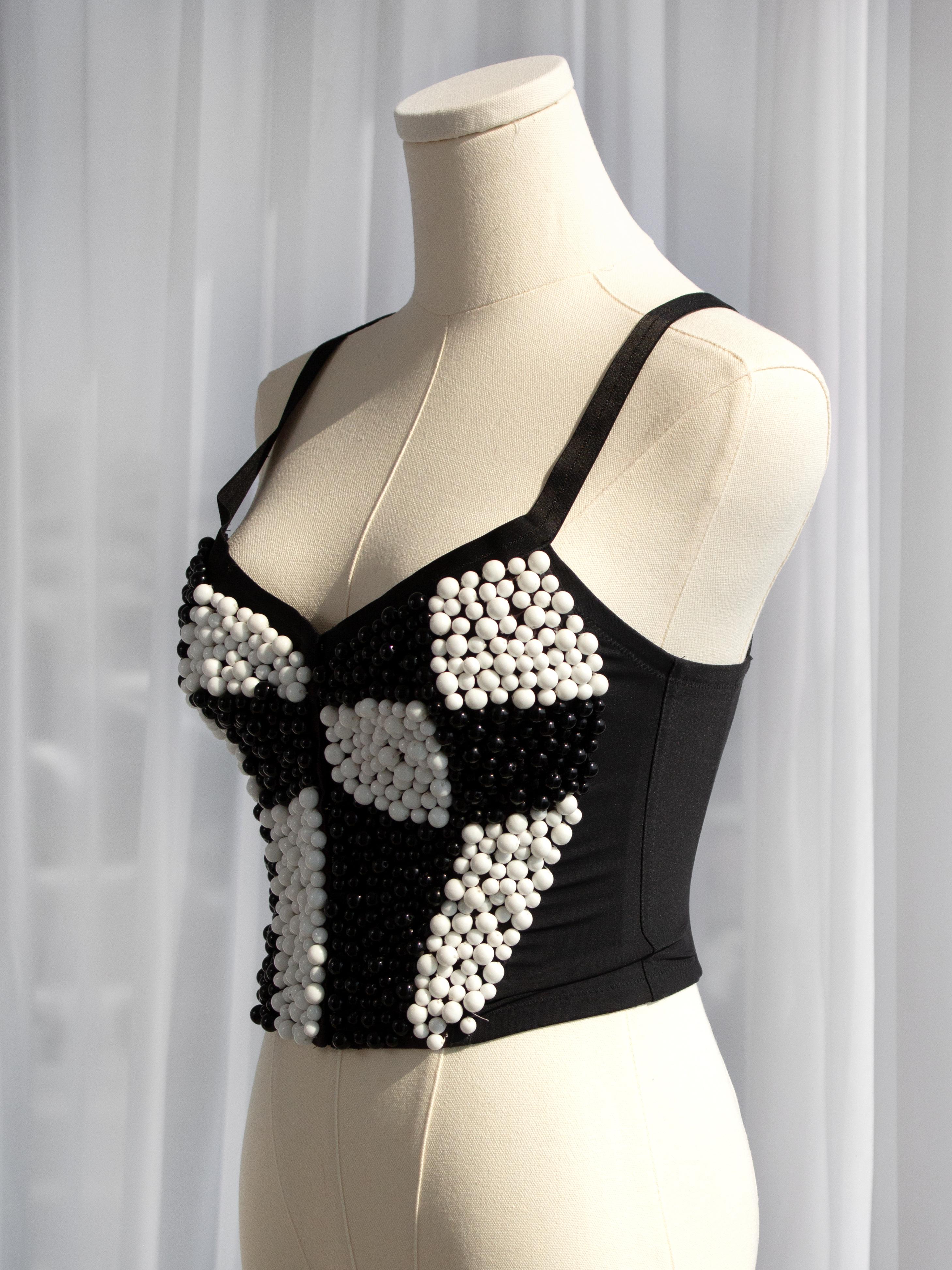 Iconic Dolce&Gabbana S/S 1991 Black White Checkered Beaded Bustier Top For Sale 7