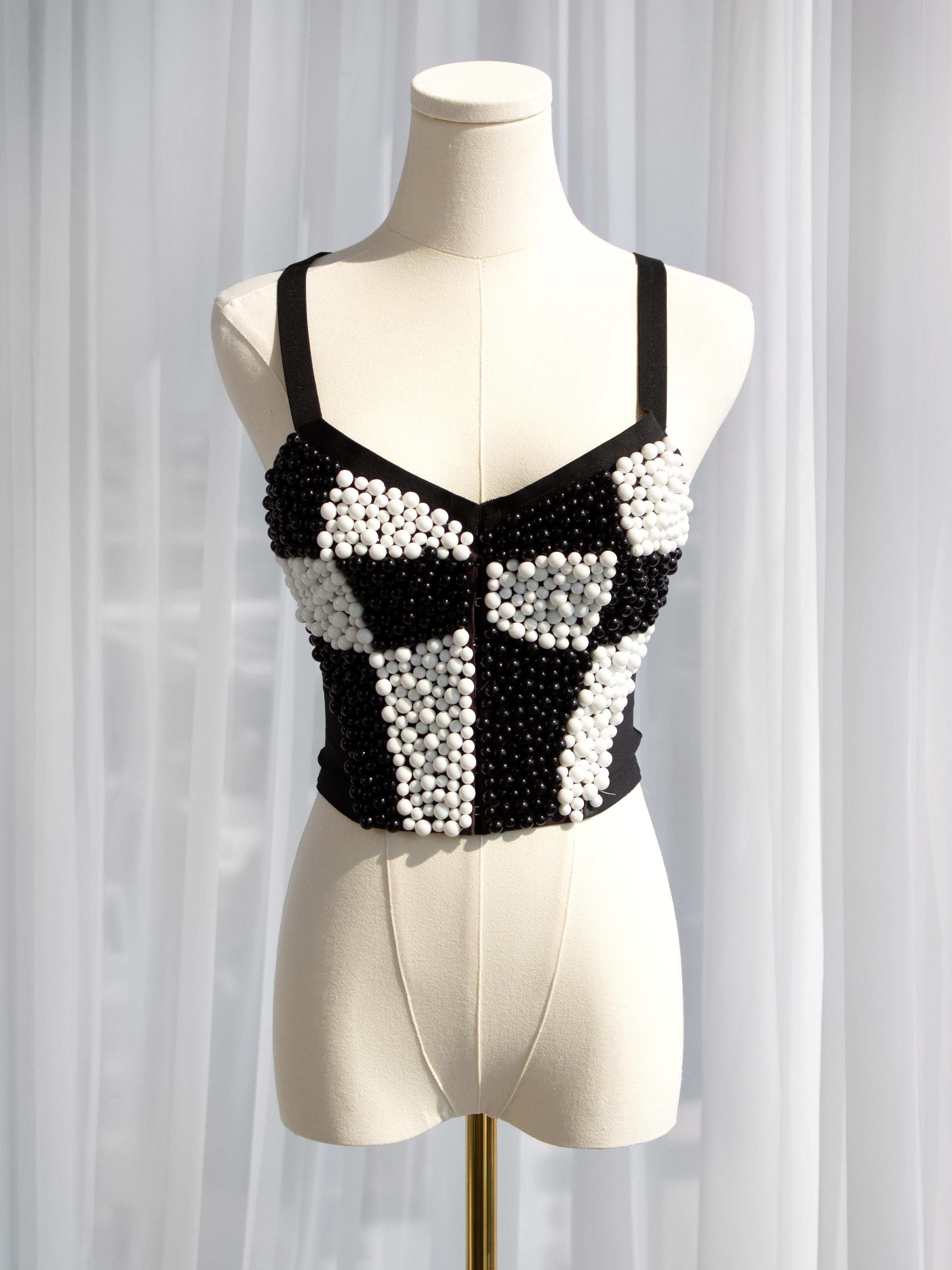 Iconic Dolce&Gabbana S/S 1991 Black White Checkered Beaded Bustier Top For Sale 1