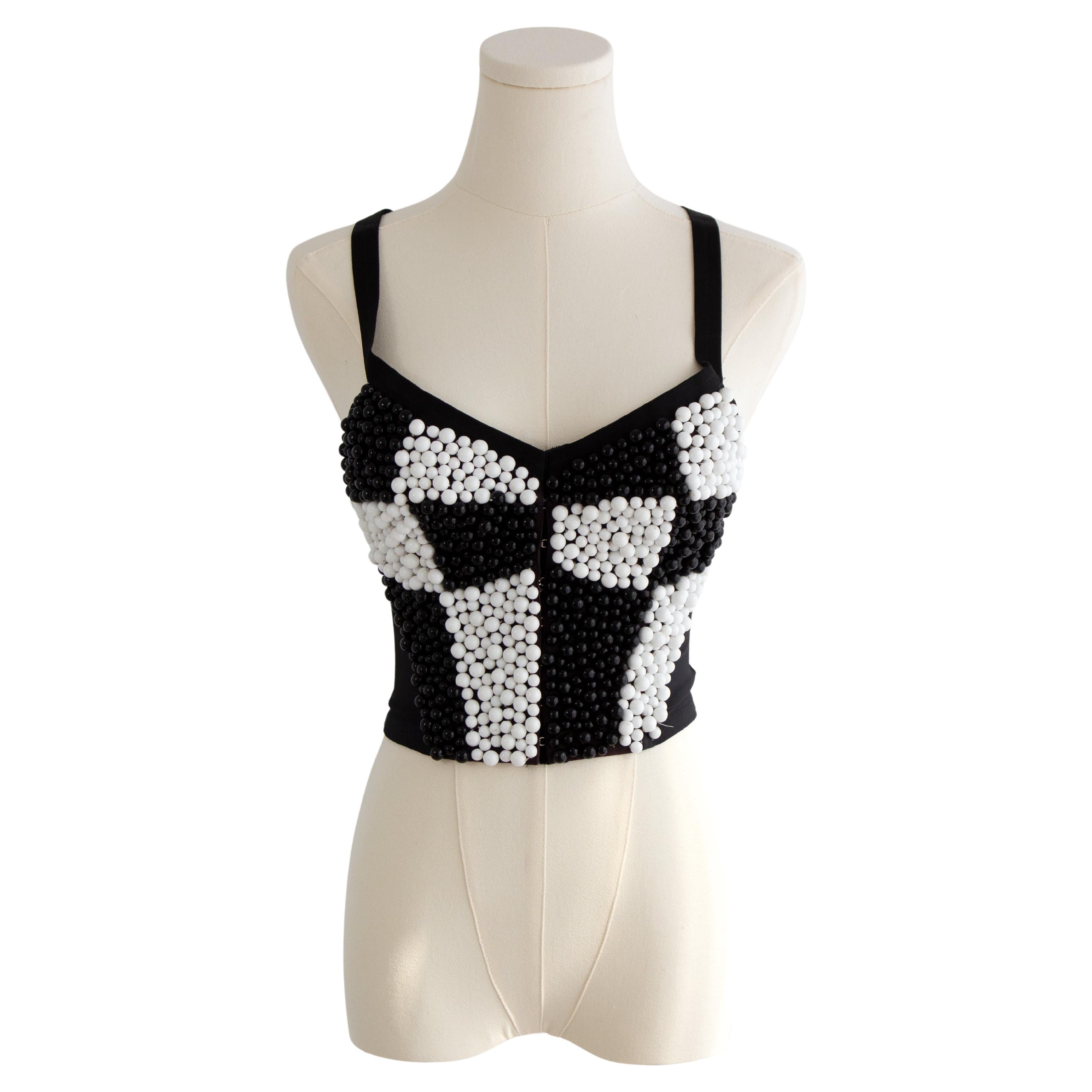 Iconic Dolce&Gabbana S/S 1991 Black White Checkered Beaded Bustier Top For Sale
