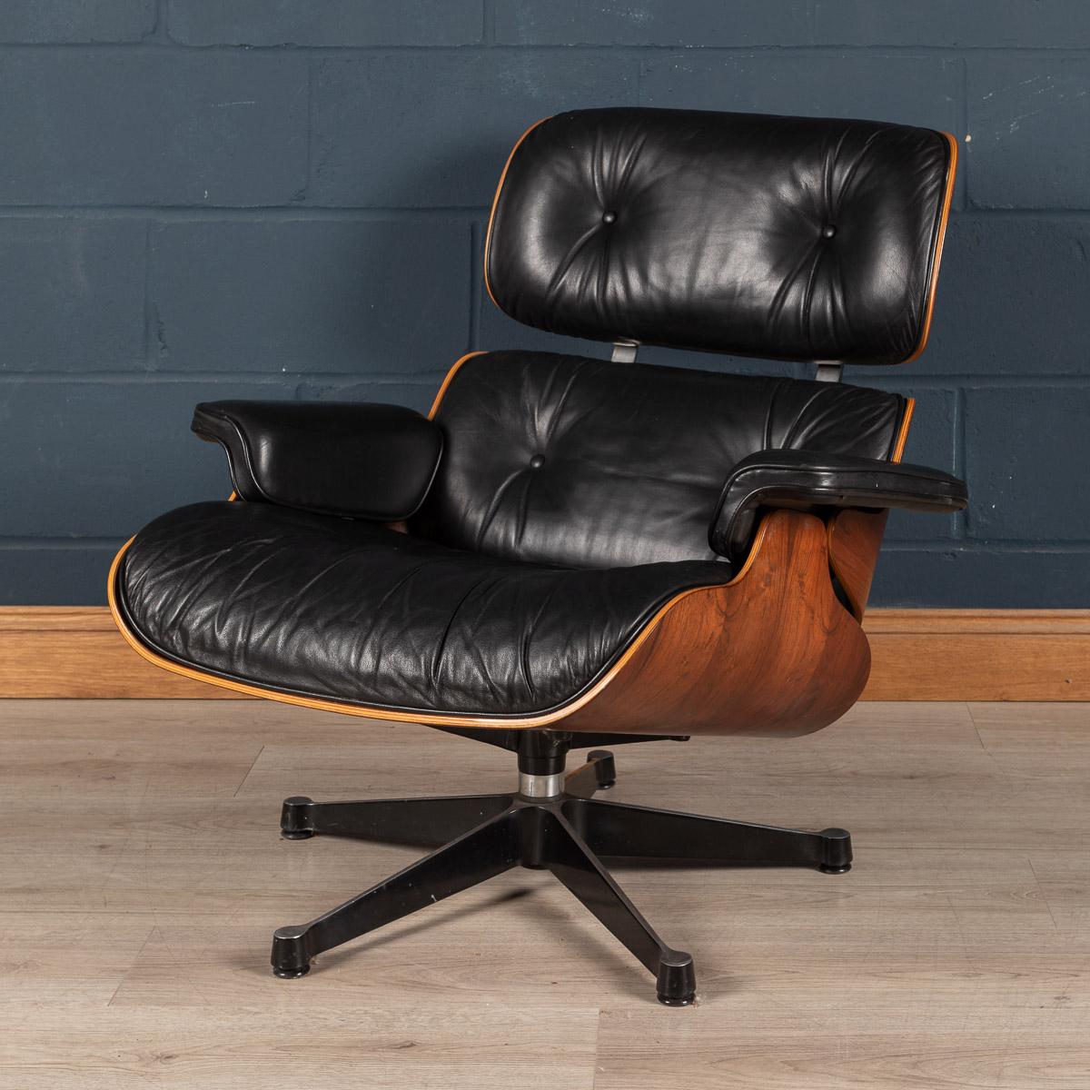 The Eames lounge chair was made of molded plywood and leather, designed by Charles and Ray Eames for the Herman Miller furniture company. The chair was officially titled Eames Lounge 