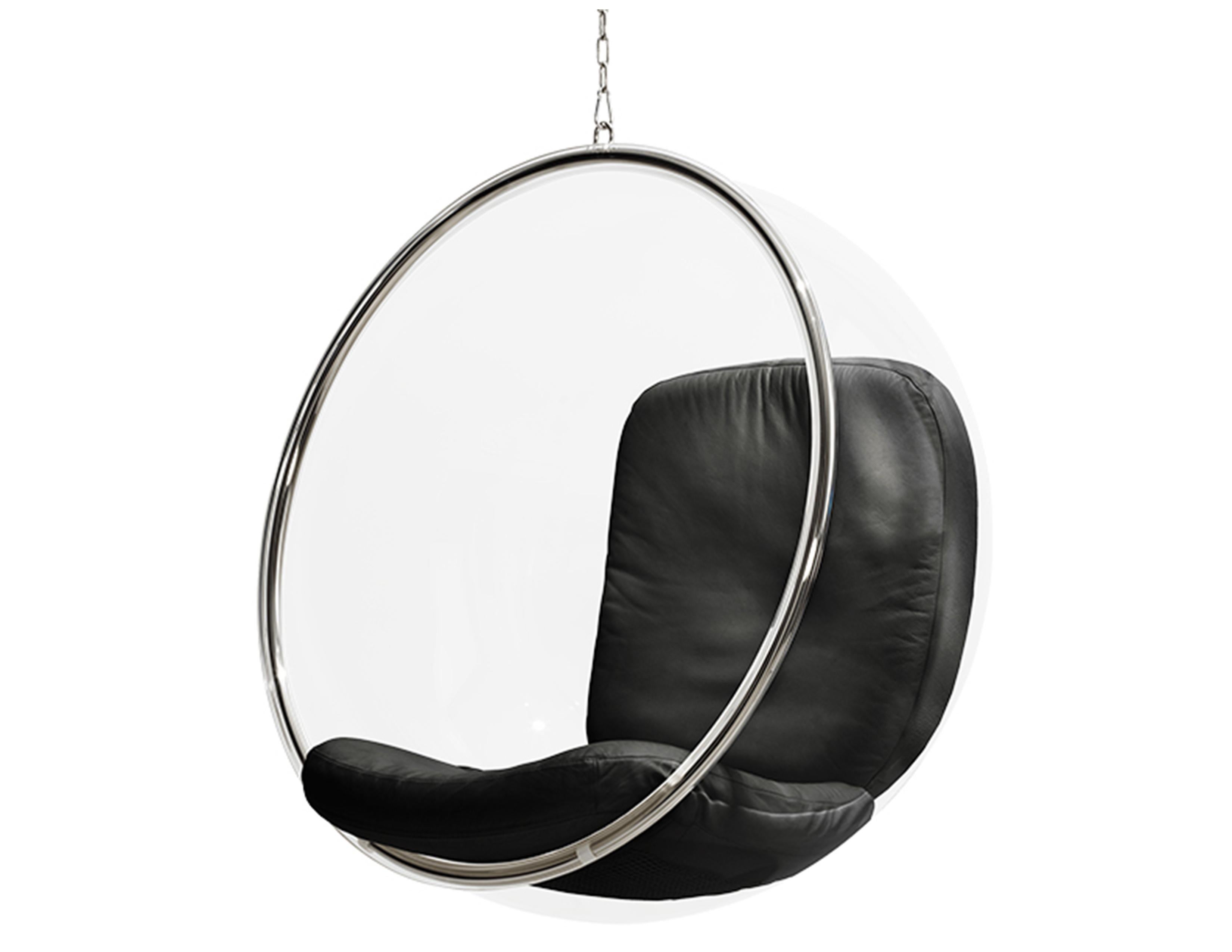 The bubble chair was designed by Eero Aarnio in 1968. According to Eero’s notes, the bubble hangs from the ceiling because ‘there is no nice way to make a clear pedestal.’ It shares the same unique acoustics as the ball chair, a little cocoon that