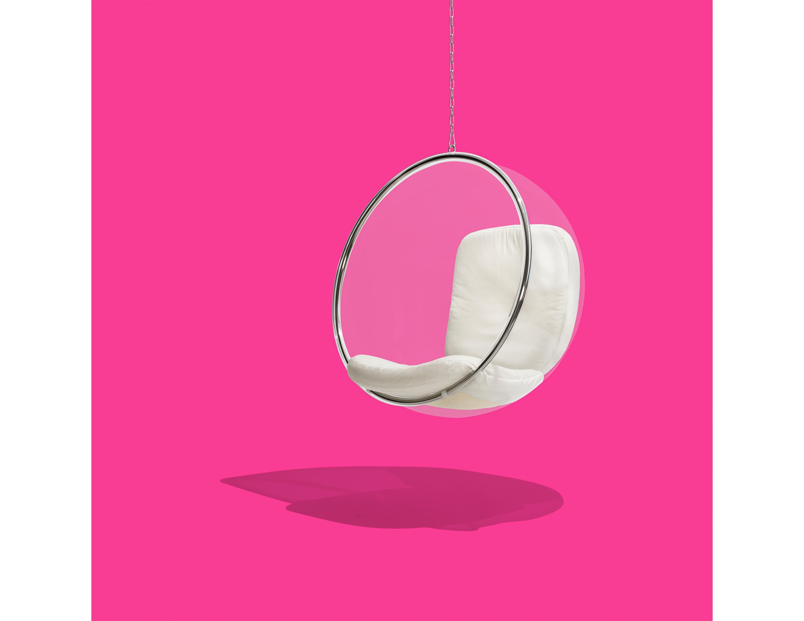 The bubble chair was designed by Eero Aarnio in 1968. According to Eero’s notes, the Bubble hangs from the ceiling because ‘there is no nice way to make a clear pedestal.’ It shares the same unique acoustics as the ball chair, a little cocoon that