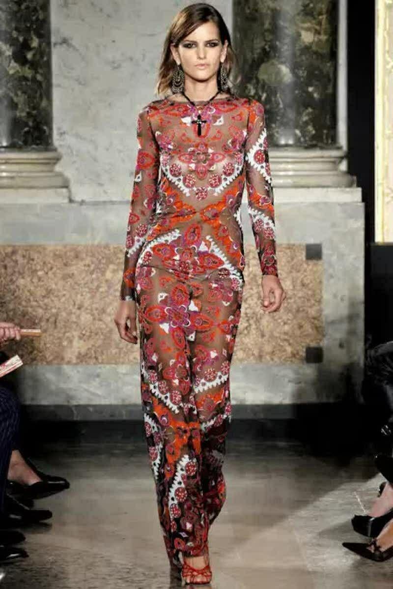 Iconic Emilio Pucci Multicolor Printed Devore Long Dress Gown Italian 42 - US 6 For Sale 9