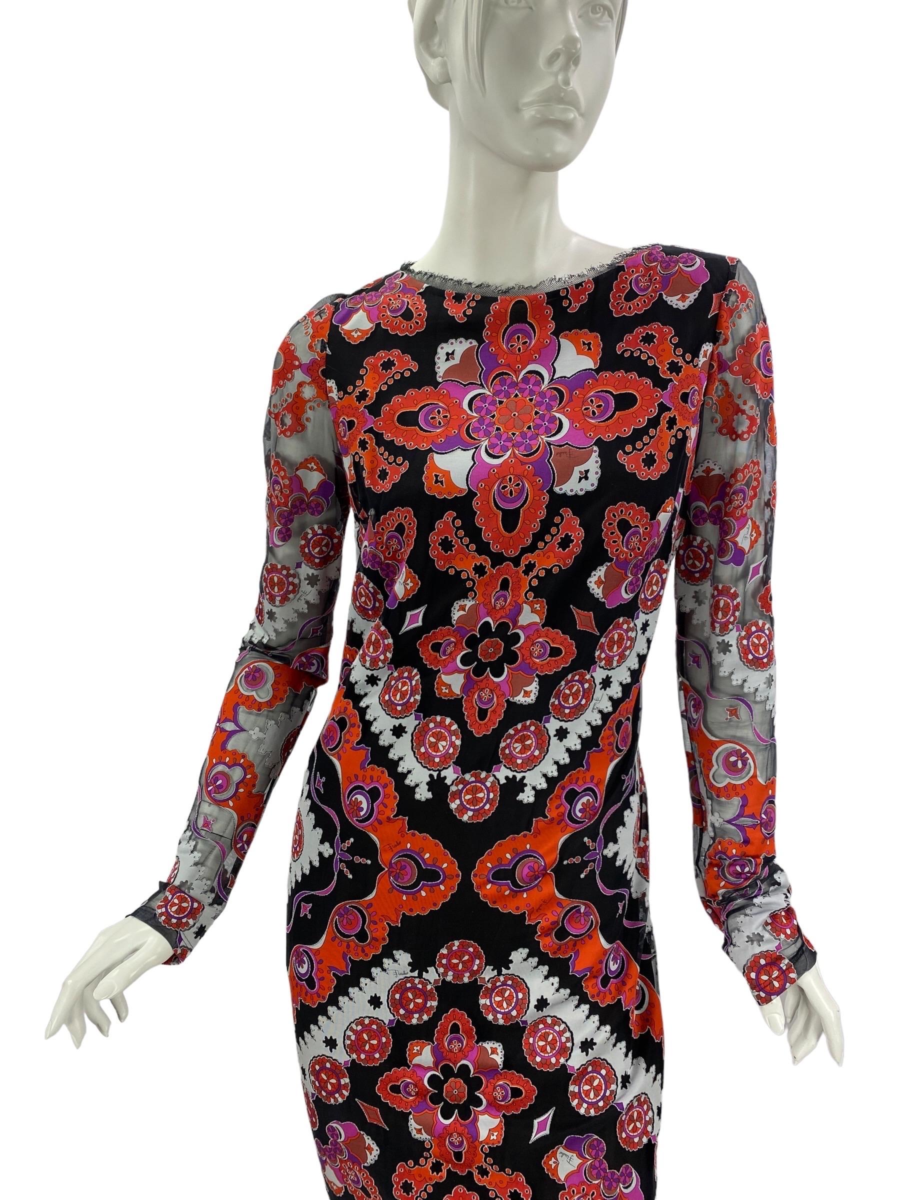 Iconic Emilio Pucci Multicolor Printed Devore Long Dress Gown Italian 42 - US 6 In Excellent Condition For Sale In Montgomery, TX