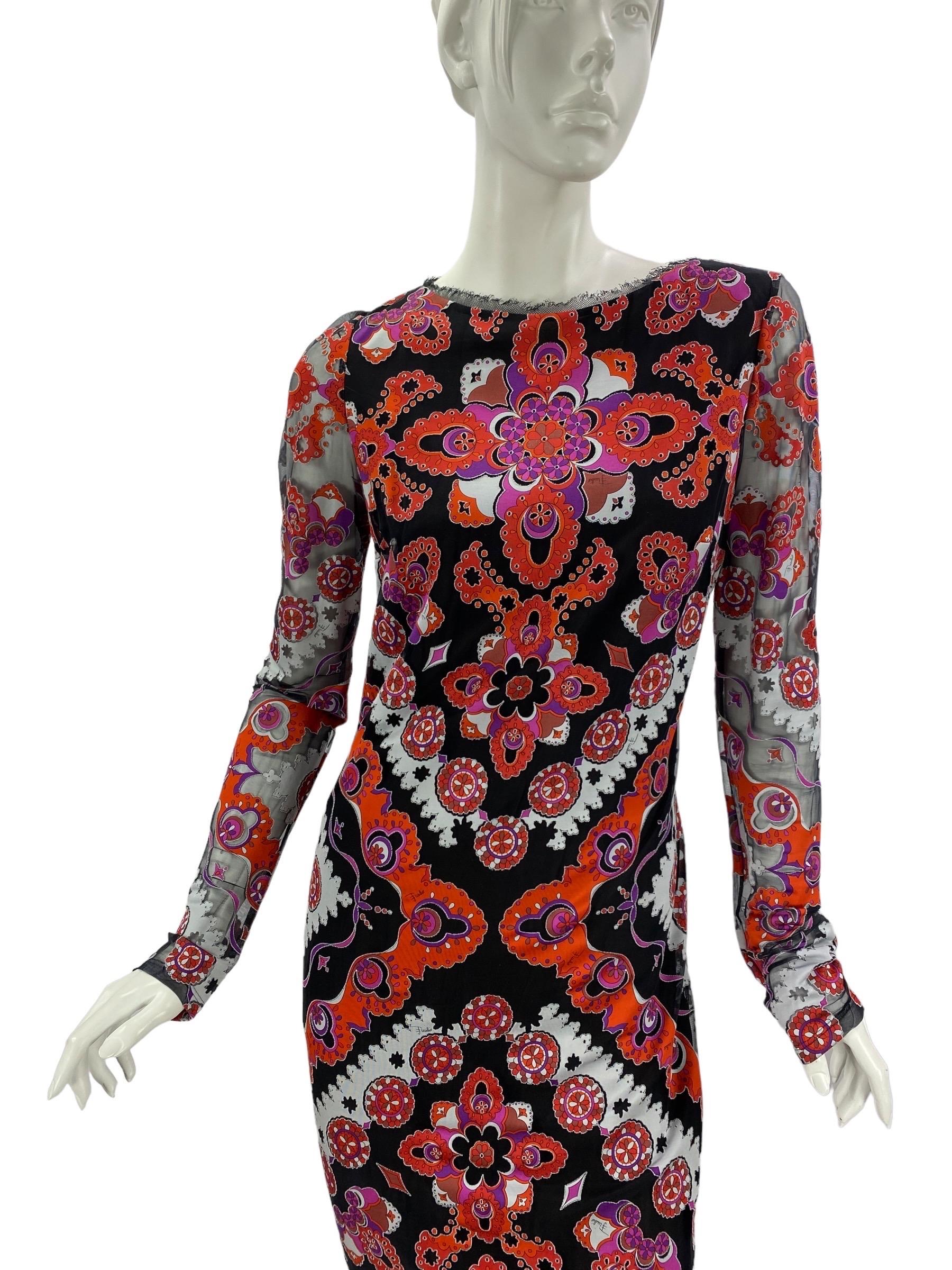 Noir Emilio Pucci - Robe longue dévorée imprimée multicolore italienne 42 - US 6 en vente