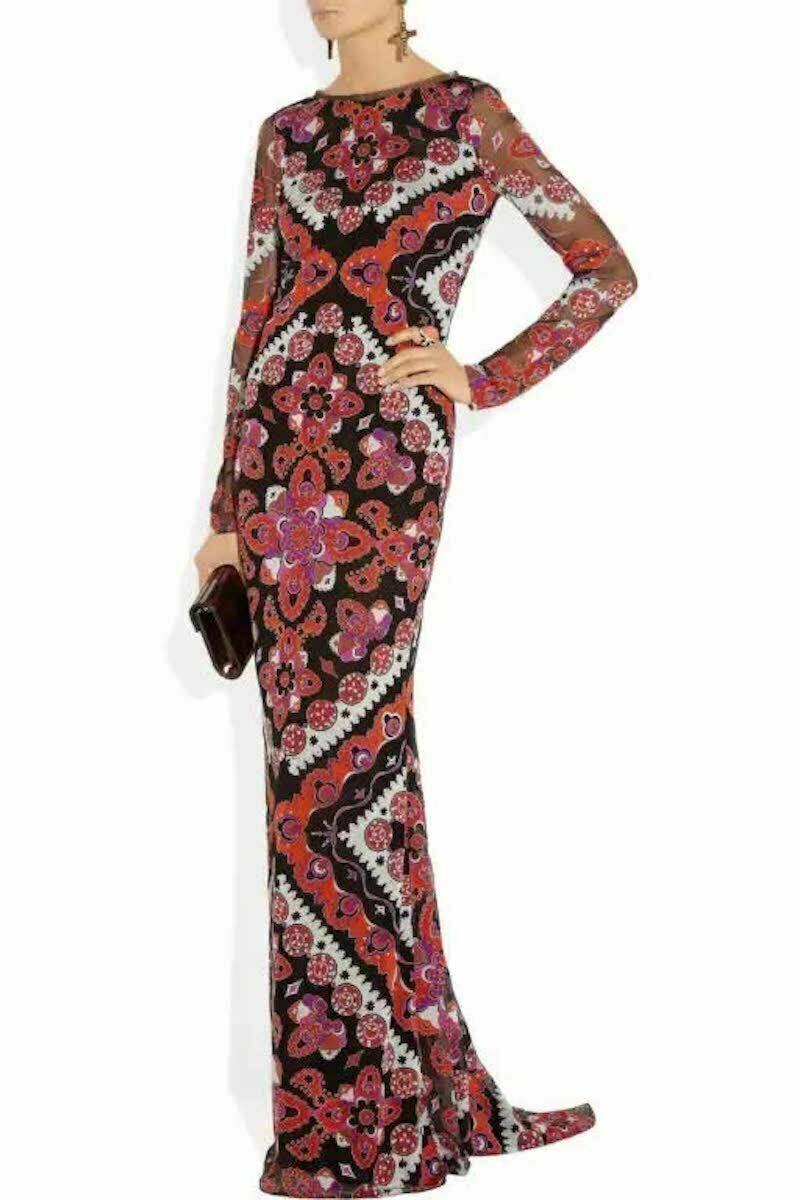 Iconic Emilio Pucci Multicolor Printed Devore Long Dress Gown Italian 42 - US 6 For Sale 5