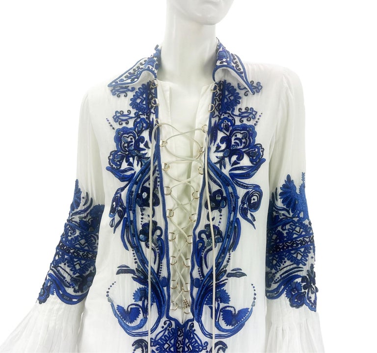 Iconic Emilio Pucci White Embroidered and Beaded Mini Lace Up Dress Tunic  It 42 For Sale at 1stDibs