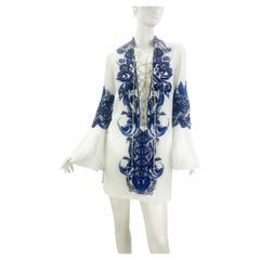 Iconic Emilio Pucci White Embroidered & Beaded Mini Lace Up Dress Tunic It 42