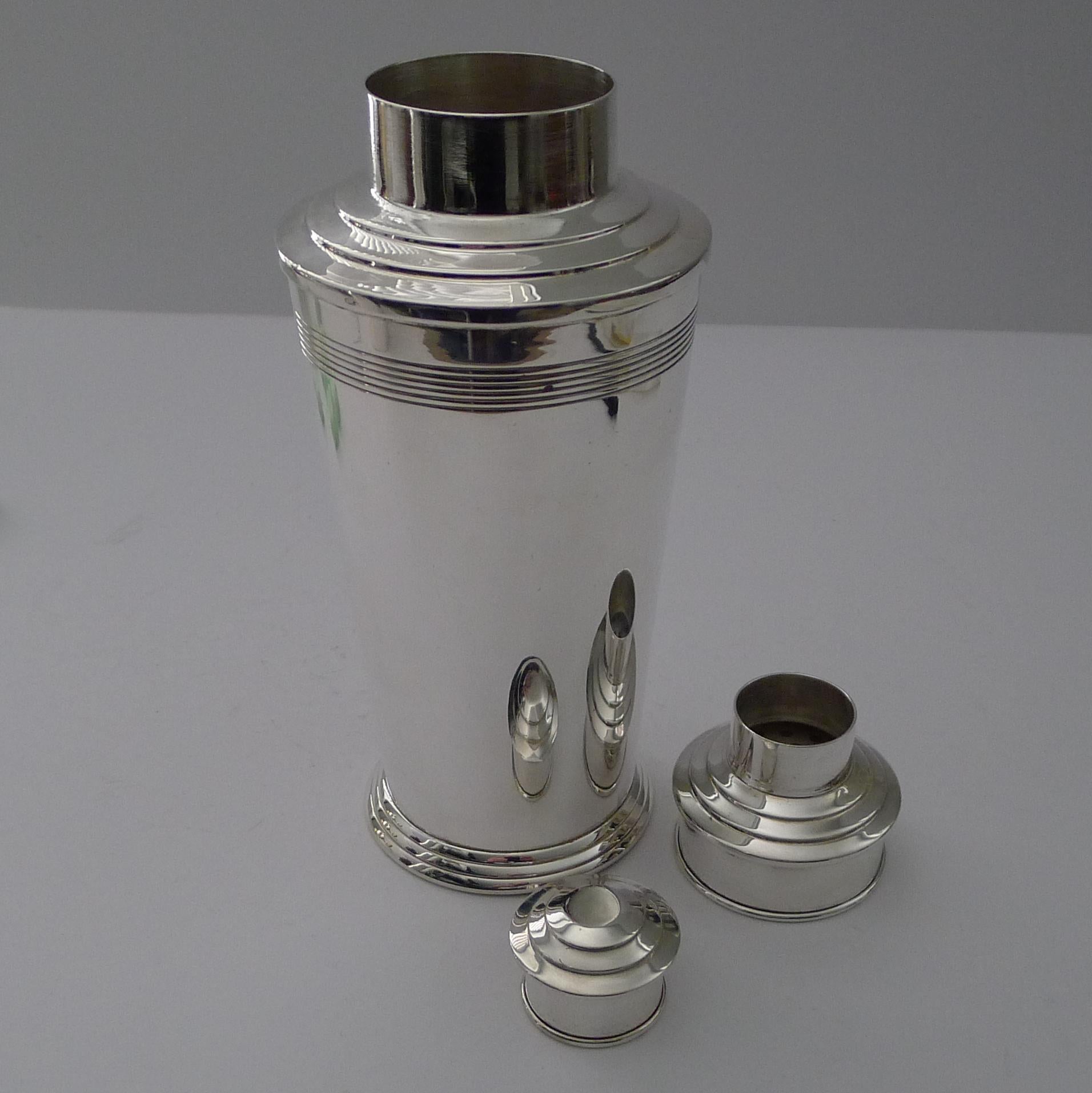 Silver Plate Iconic English Art Deco Cocktail Shaker by Barker Brothers For Sale