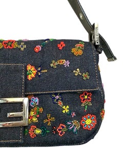 Iconic Fendi embroidered colourful beads denim baguette shoulder bag